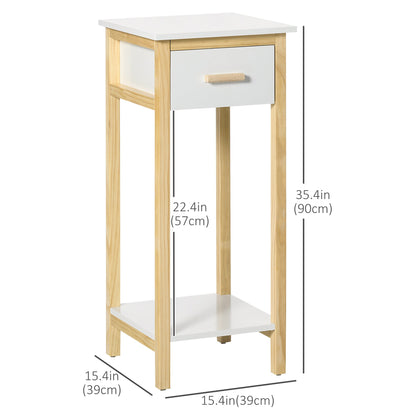 Tall Side Table, Slim Bedside Table with Drawer and Bottom Shelf, Narrow End Table with Storage and Pine Wood Frame for Small Spaces, White Side Tables   at Gallery Canada