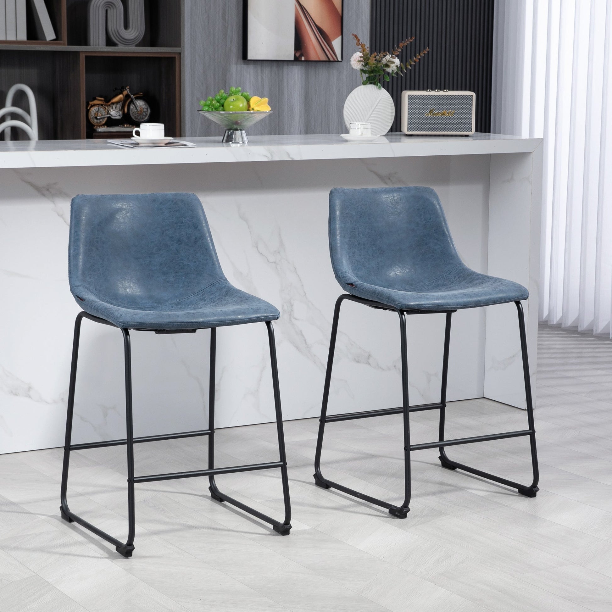 Counter Height Bar Stools Set of 2, Vintage PU Leather Bar Chairs, Kitchen Stools w/ Footrest for Home Bar, Blue Bar Stools   at Gallery Canada