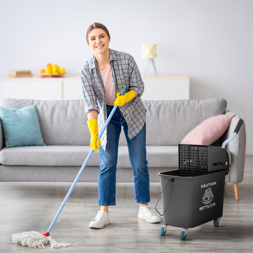 Mop Bucket with Wringer, Mop Bucket on Wheels for Floor Cleaning, 5 Gallon, Separate Dirty and Clean Water, Black