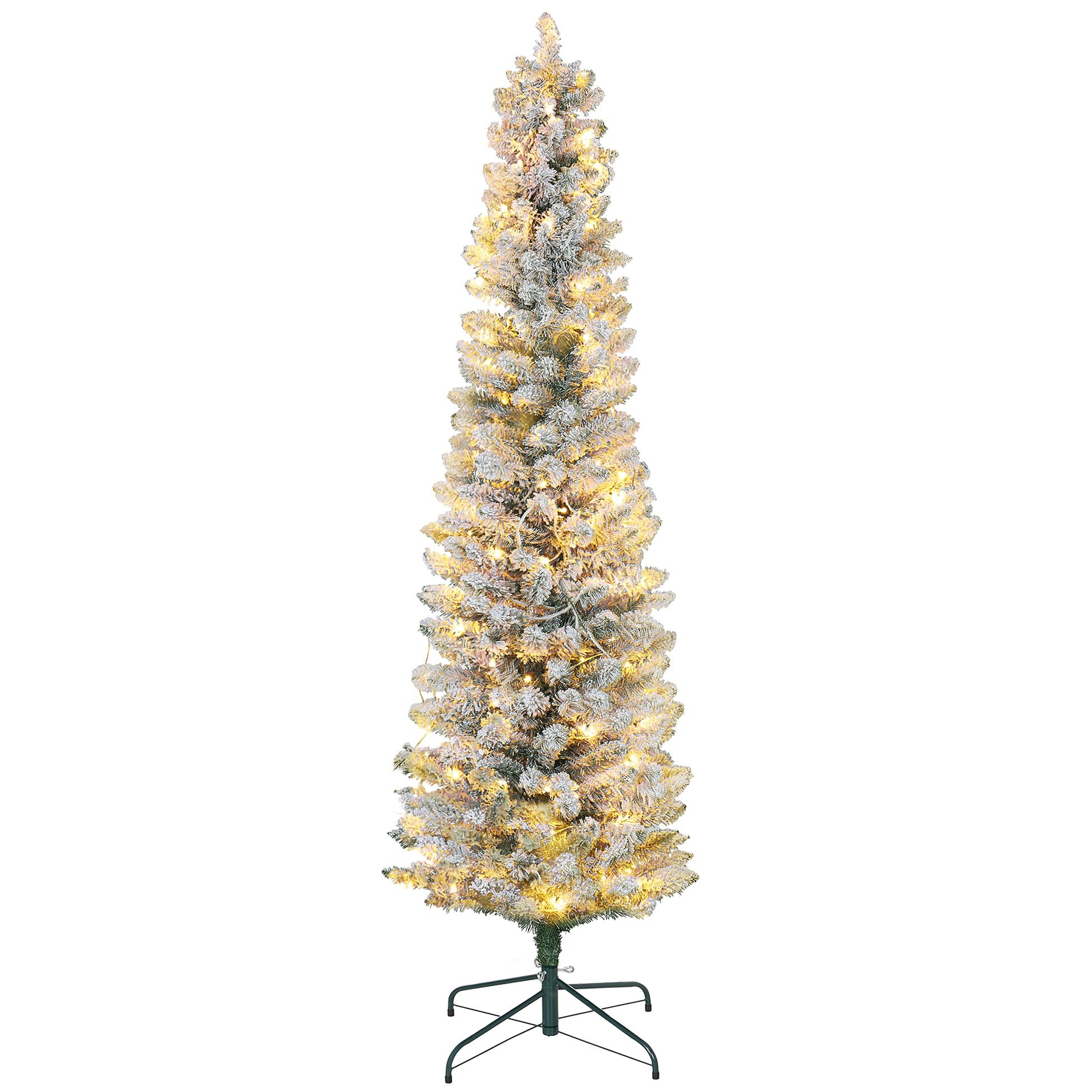 6ft Artificial Prelit Christmas Tree with Warm White LED Light, Snow Flocked Branches, Metal Base, Pencil Xmas Tree Pre Lit Christmas Trees   at Gallery Canada