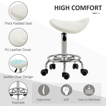 Saddle Stool, PU Leather Adjustable Rolling Salon Chair for Massage, Spa, Clinic, Beauty and Tattoo, White Salon Stools   at Gallery Canada