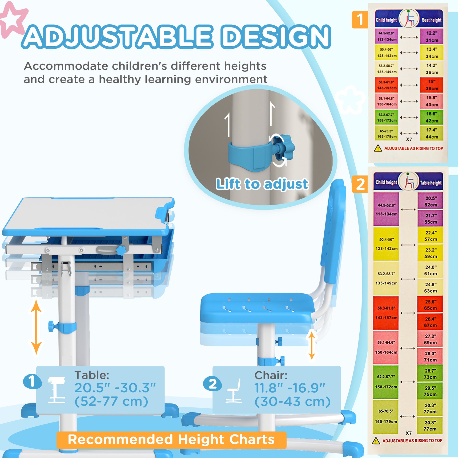 Height Adjustable Study Table and Chair Set with Drawer, Pen Slot, Tiltable Desktop, Hook, Blue Kids Desk Sets   at Gallery Canada