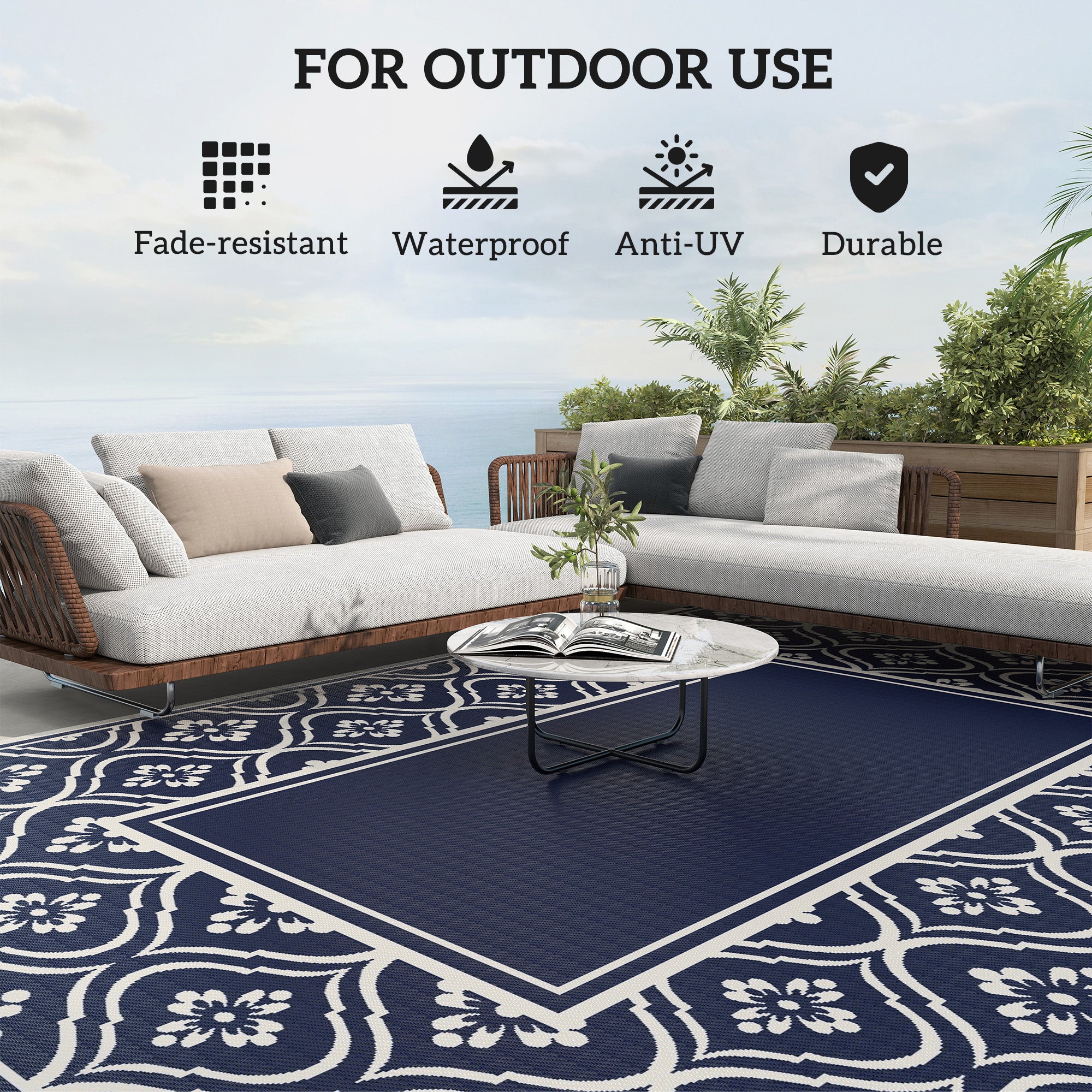 9' x 12' Outdoor RV Rug, Reversible Patio Floor Mat with Carry Bag, Gourd Border, Blue and White Garden Decor at Gallery Canada