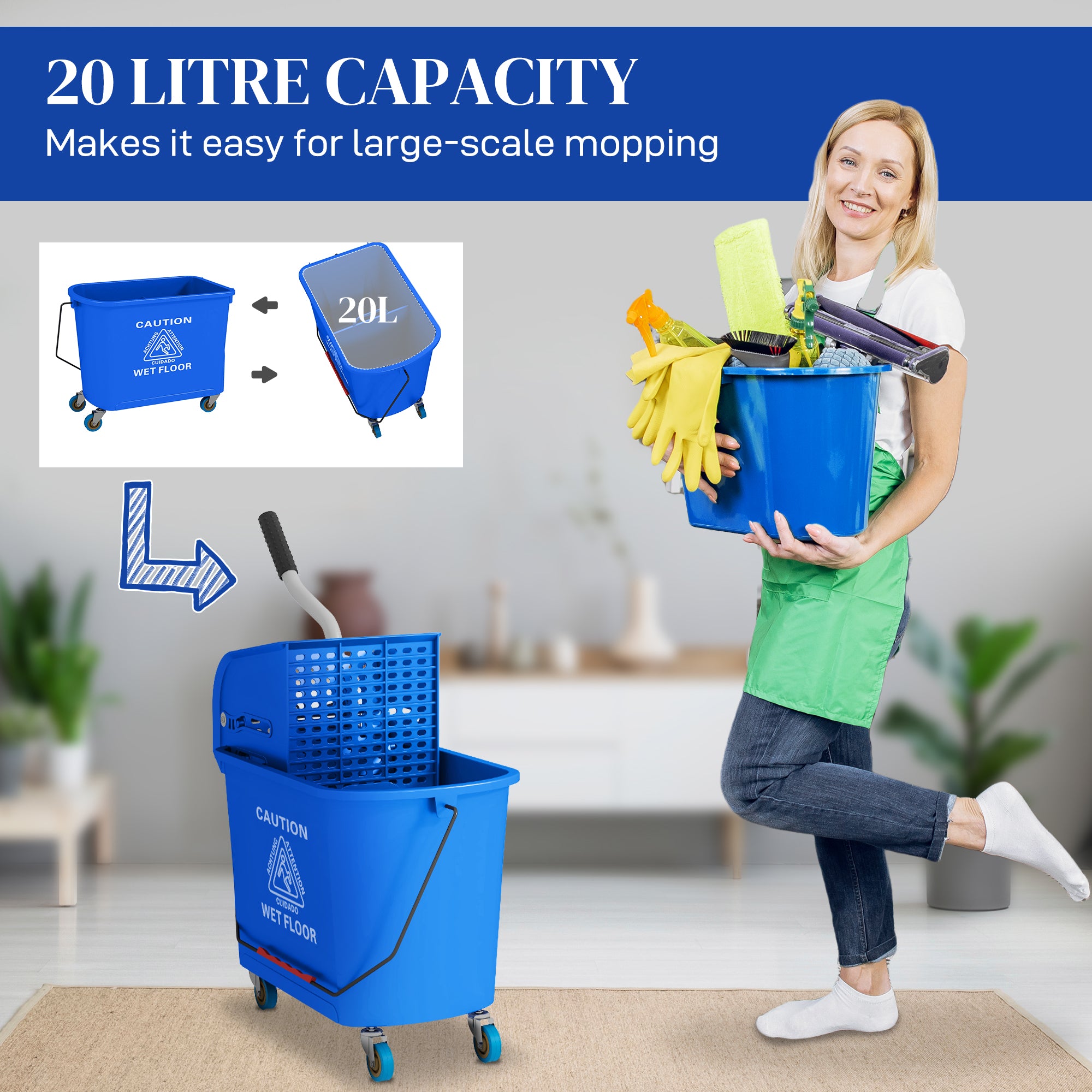Mop Bucket with Wringer, Mop Bucket on Wheels for Floor Cleaning, 5 Gallon, Separate Dirty and Clean Water, Blue Household Supplies at Gallery Canada