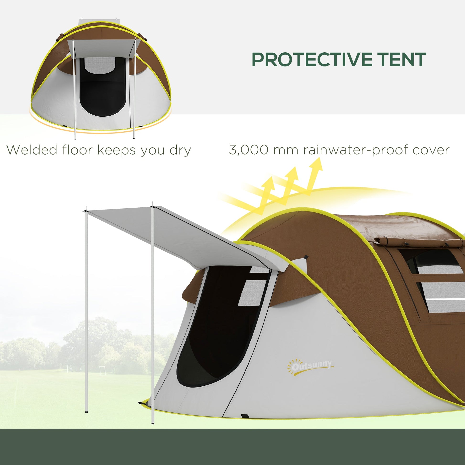 Pop Up Tent with 2 Porch and Carry Bag, 3000mm Waterproof Camping Tent, for 2-3 People, Brown Camping Tents   at Gallery Canada