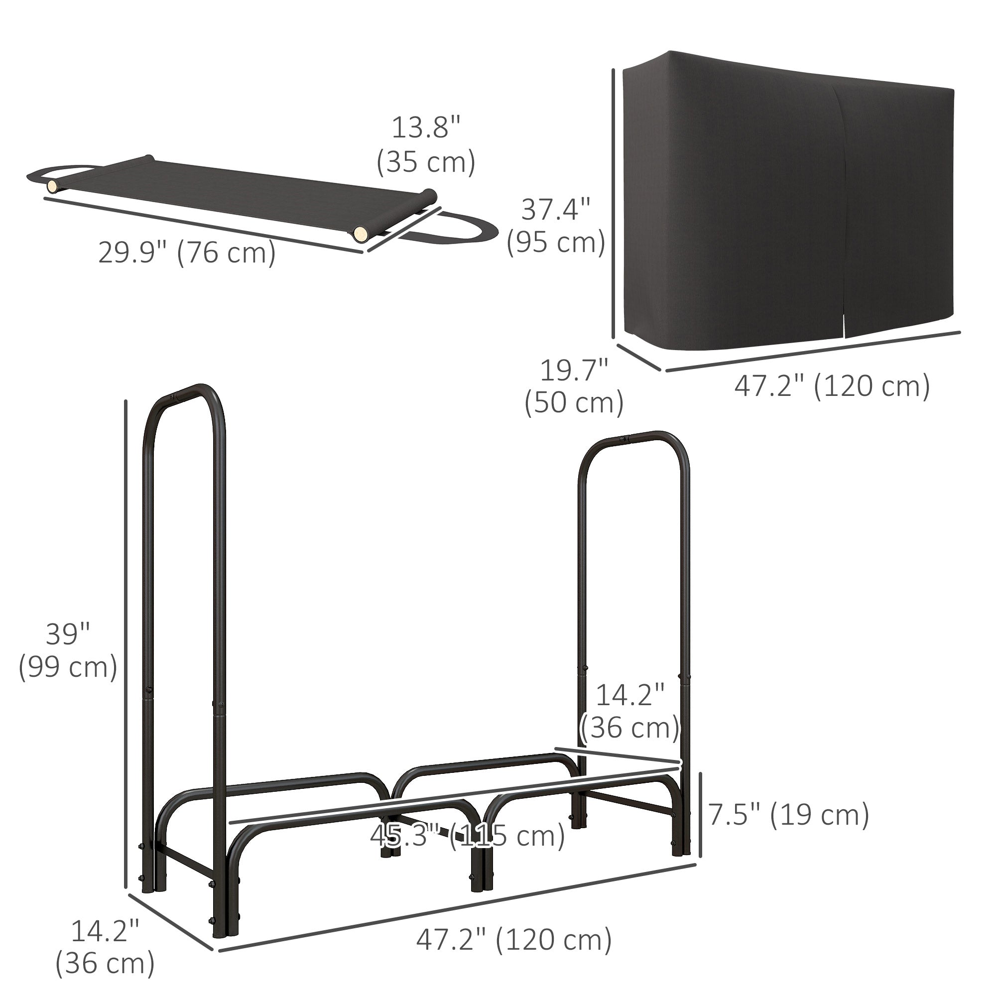 4ft Outdoor Firewood Rack with Cover and Carrier, Adjustable Wood Storage Holder, Indoor Outdoor Log Rack, Black Firewood Racks   at Gallery Canada