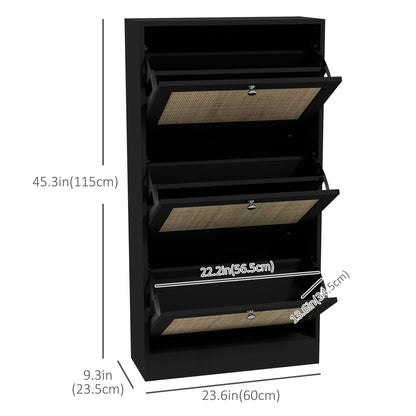 Rattan Shoe Cabinet with 3 Flip Drawers and Adjustable Shelves, Shoe Storage Cabinet for 18 Pairs of Shoes for Entryway, Hallway, Black Shoe Storage Cabinets & Racks   at Gallery Canada