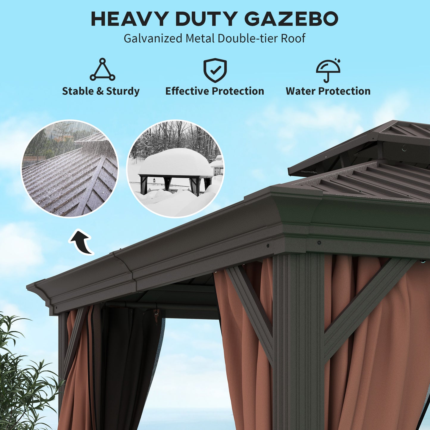 10' x 12' Outdoor Hardtop Gazebo with Galvanized Canopy &; Netting Sidewalls for Lawn, Backyard, Dark Brown Gazebos at Gallery Canada