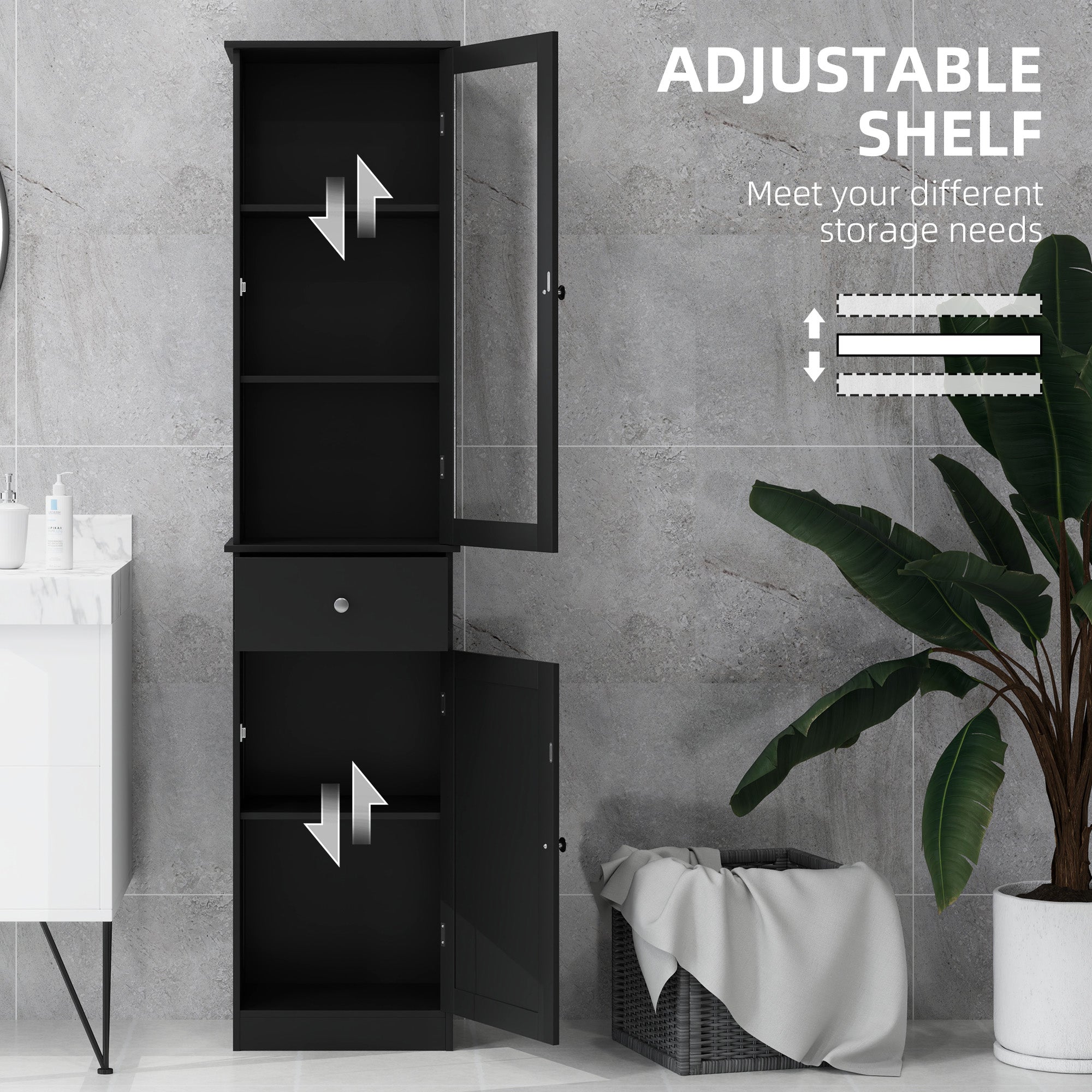 Tall Bathroom Cabinet, Bathroom Storage Cabinet with Drawers, 2 Doors and Adjustable Shelves, Black Bathroom Cabinets at Gallery Canada