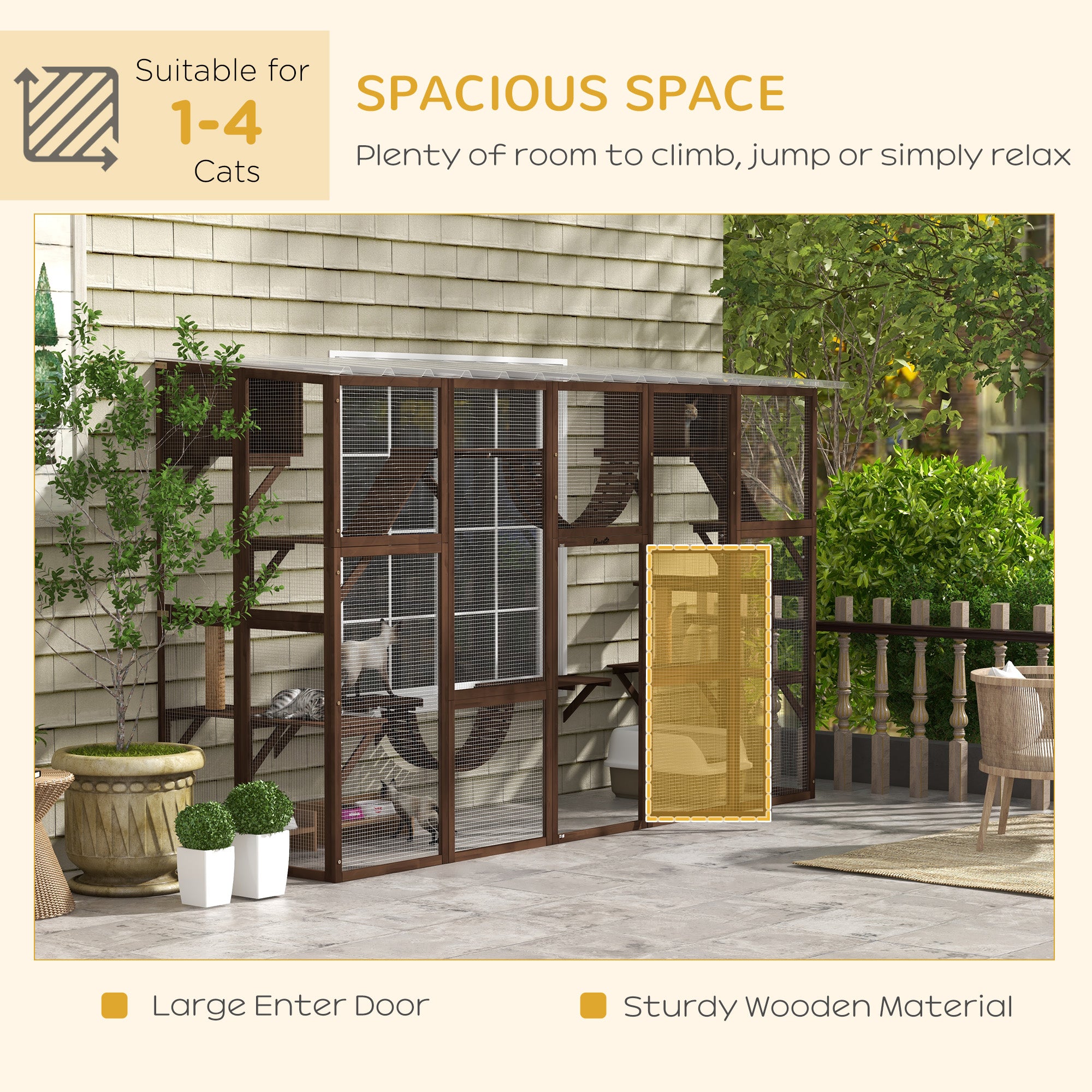 Large Outdoor Catio with Condos, Platforms, Doors, Ladders, Weather-Resistant Roof, Espresso Outdoor Cat Enclosures at Gallery Canada
