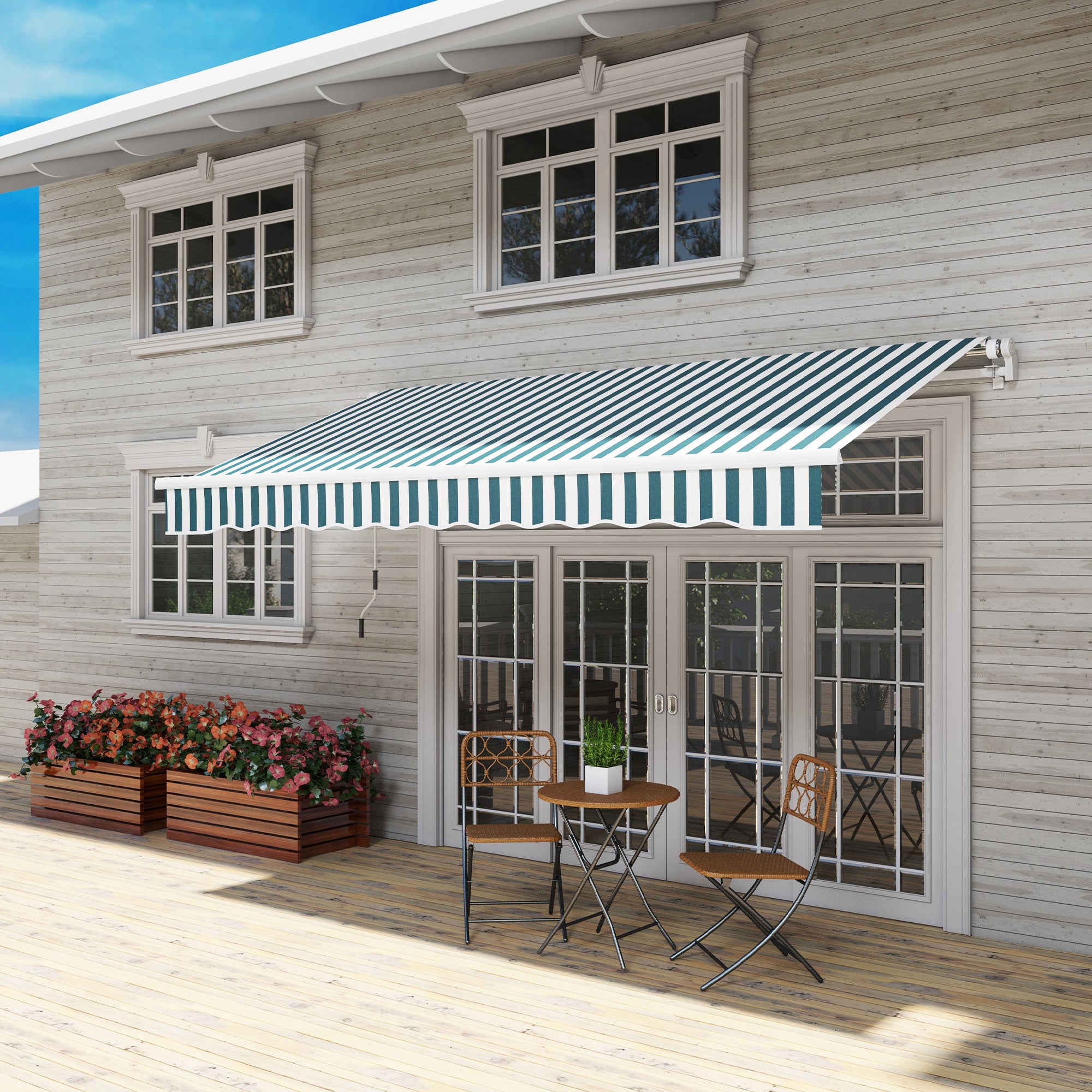 12' x 10' Manual Retractable Awning Outdoor Sunshade Shelter for Patio, Balcony, Yard, with Adjustable &; Versatile Design, Green and White Deck Awnings at Gallery Canada