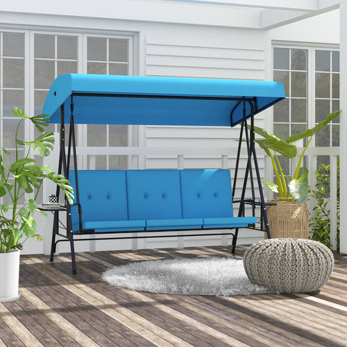 3-Seat Outdoor Porch Swing Patio Swing with Adjustable Canopy, Side Tray, Removable Cushion for Garden, Poolside, Blue