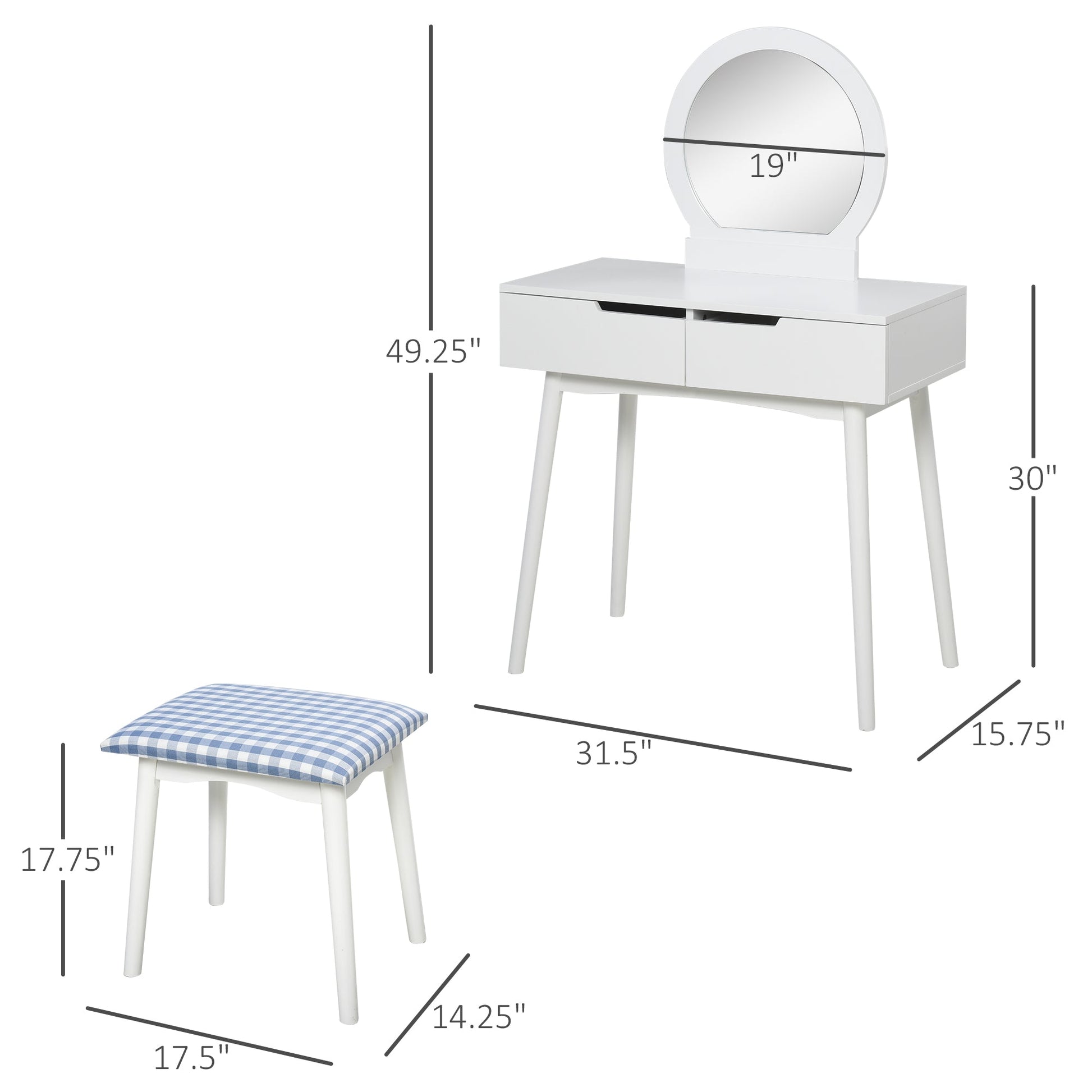 Vanity Table Set with Round Mirror and 2 Drawers, Dressing Table with Cushioned Stool Set for Bedroom, White Dressing & Vanity Tables   at Gallery Canada