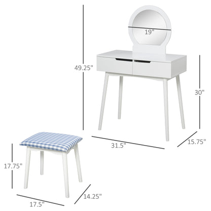 Vanity Table Set with Round Mirror and 2 Drawers, Dressing Table with Cushioned Stool Set for Bedroom, White Dressing & Vanity Tables   at Gallery Canada