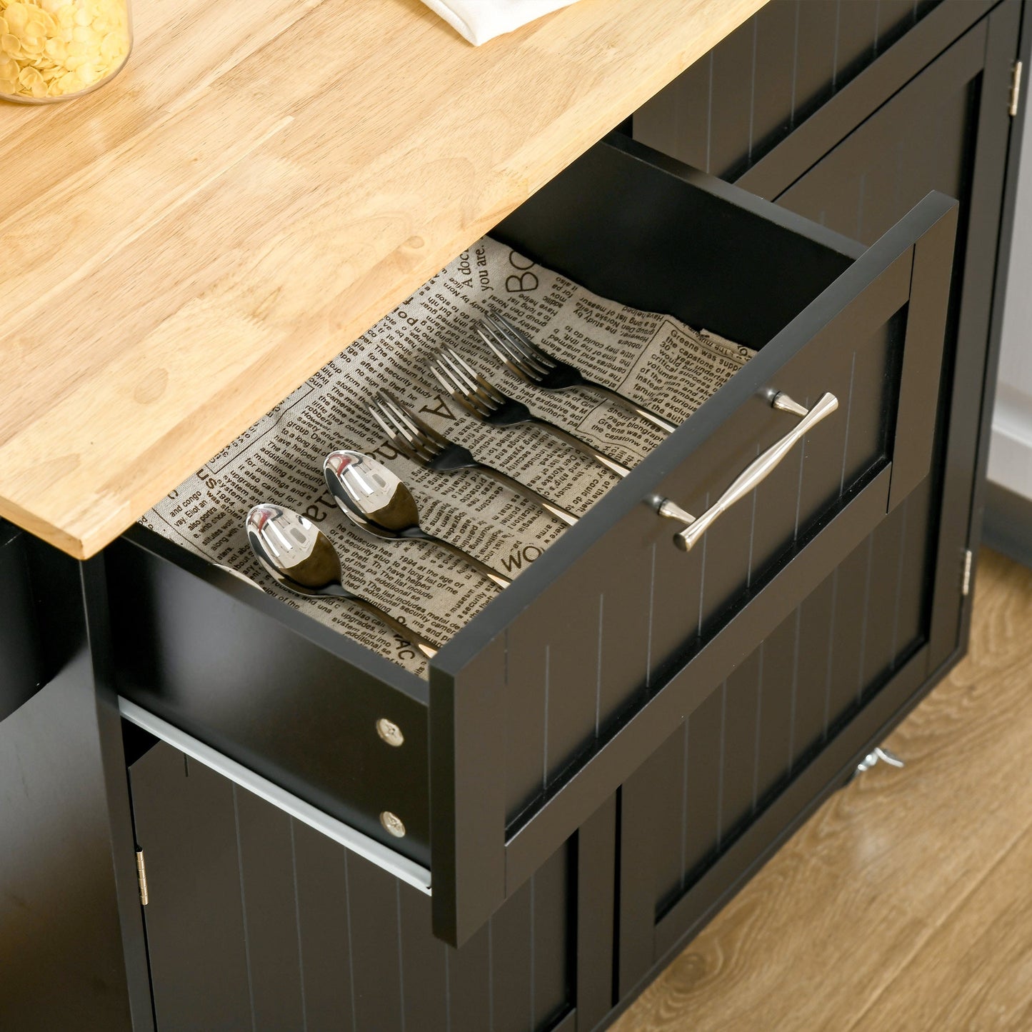 Rolling Kitchen Island with Storage Drawers, Modern Kitchen Cart with Rubber Wood Top, Cabinet &; Towel Rack, Black Kitchen Islands & Kitchen Carts   at Gallery Canada