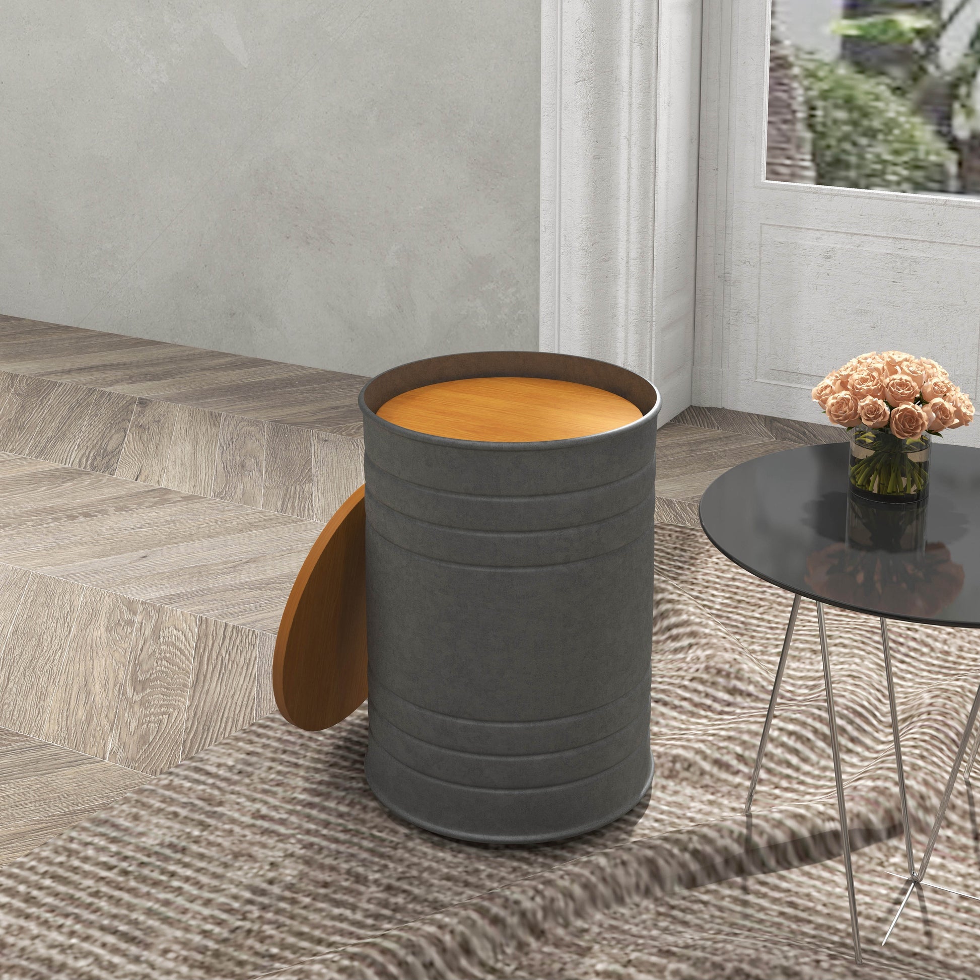 Round Side Table Set of 2, Nesting Coffee Tables w/ Wooden Lid, Galvanized Sheet Frame and Hidden Storage Space, Grey Side Tables   at Gallery Canada