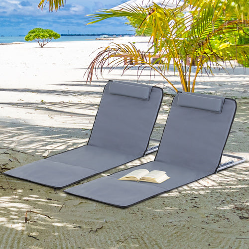 2 Pieces Beach Lounge Chair, Outdoor Folding Chaise Lounge Set w/ Pillow for Sunbath, Snap, Grey