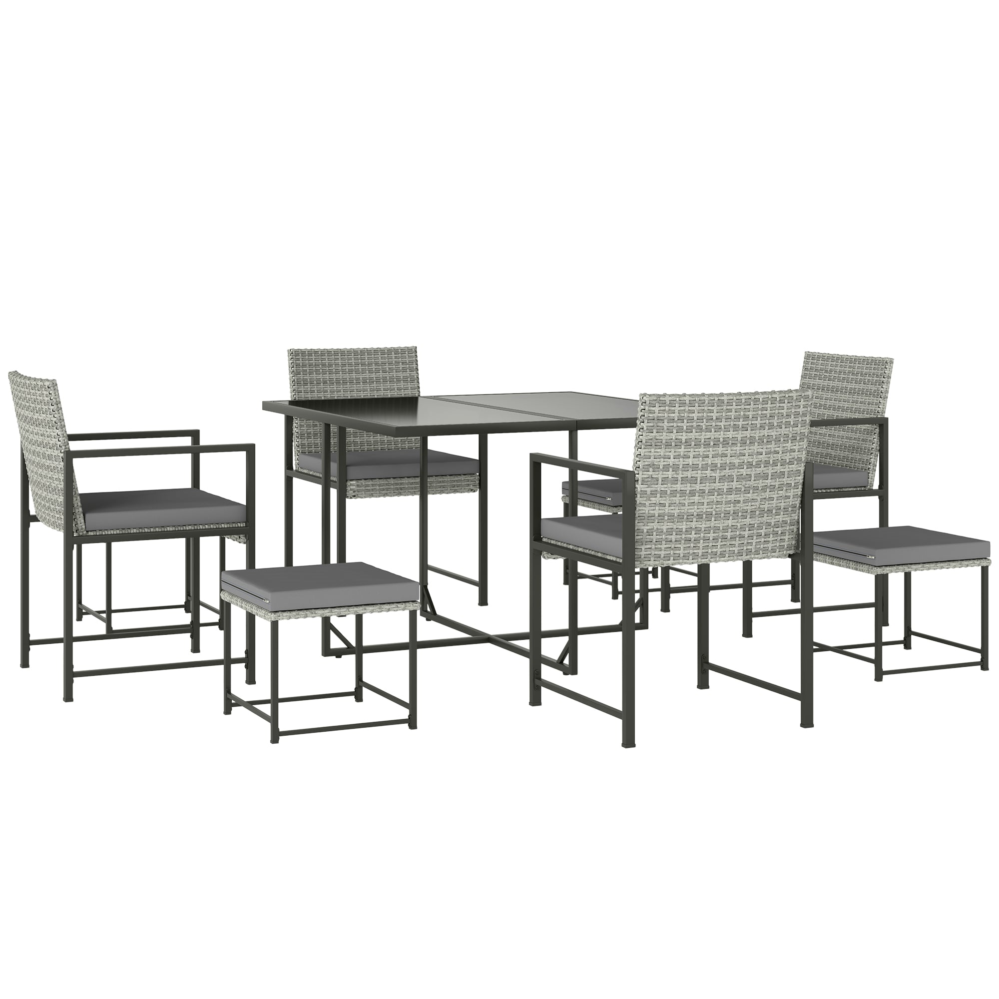 9 Pieces Wicker Patio Dining Set with 4 Armchairs, 4 Stools, Tempered Glass Top, Removable Cushions, Light Grey Outdoor Dining Sets at Gallery Canada