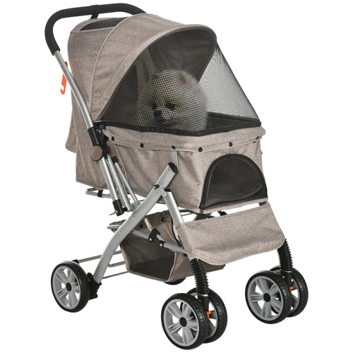 4 Wheels Pet Stroller w/ Reversible Handle, Foldable Dog Cat Travel Carriage w/ EVA Wheels Basket Storage Bag 3-stage Canopy Brown