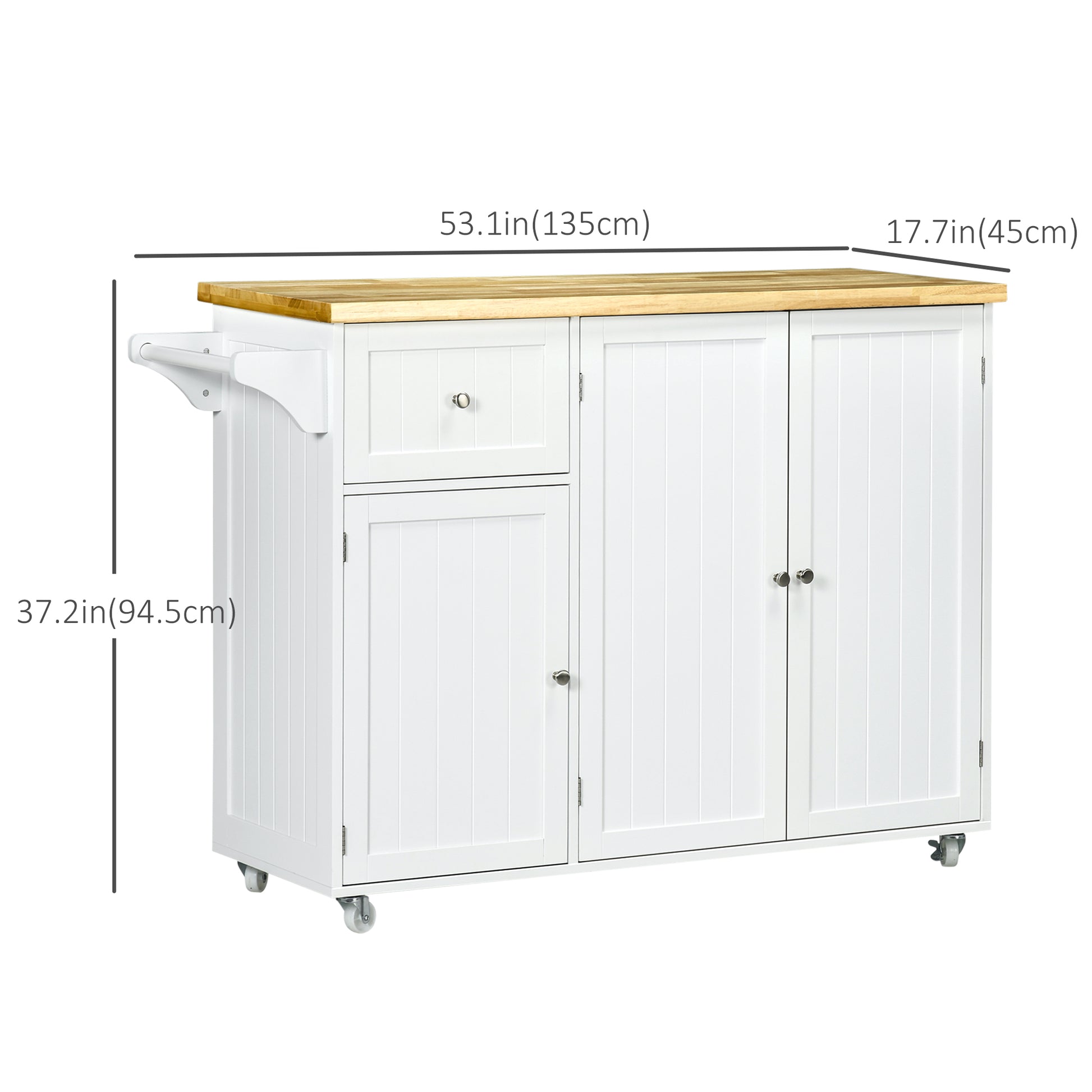 Rolling Kitchen Island with Storage, Utility Kitchen Island Cart with Drawer, Cabinets, Towel Rack and Rubber Wood Top Kitchen Islands & Kitchen Carts   at Gallery Canada