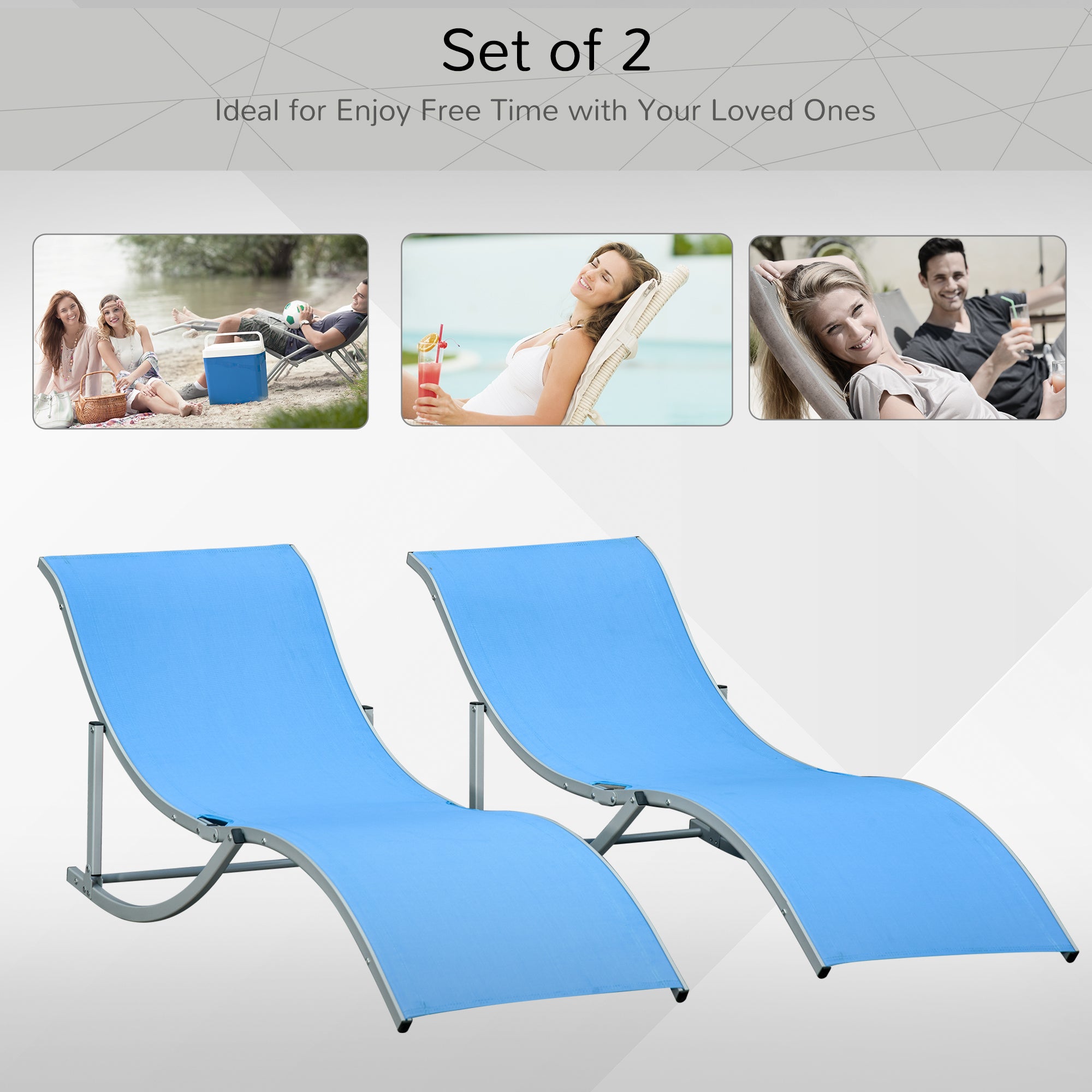 Pool Chaise Lounge Chairs Set of 2, S-shaped Foldable Outdoor Chaise Lounge Chair Reclining for Patio Beach Garden With 264lbs Weight Capacity, Blue Lounger Chairs   at Gallery Canada