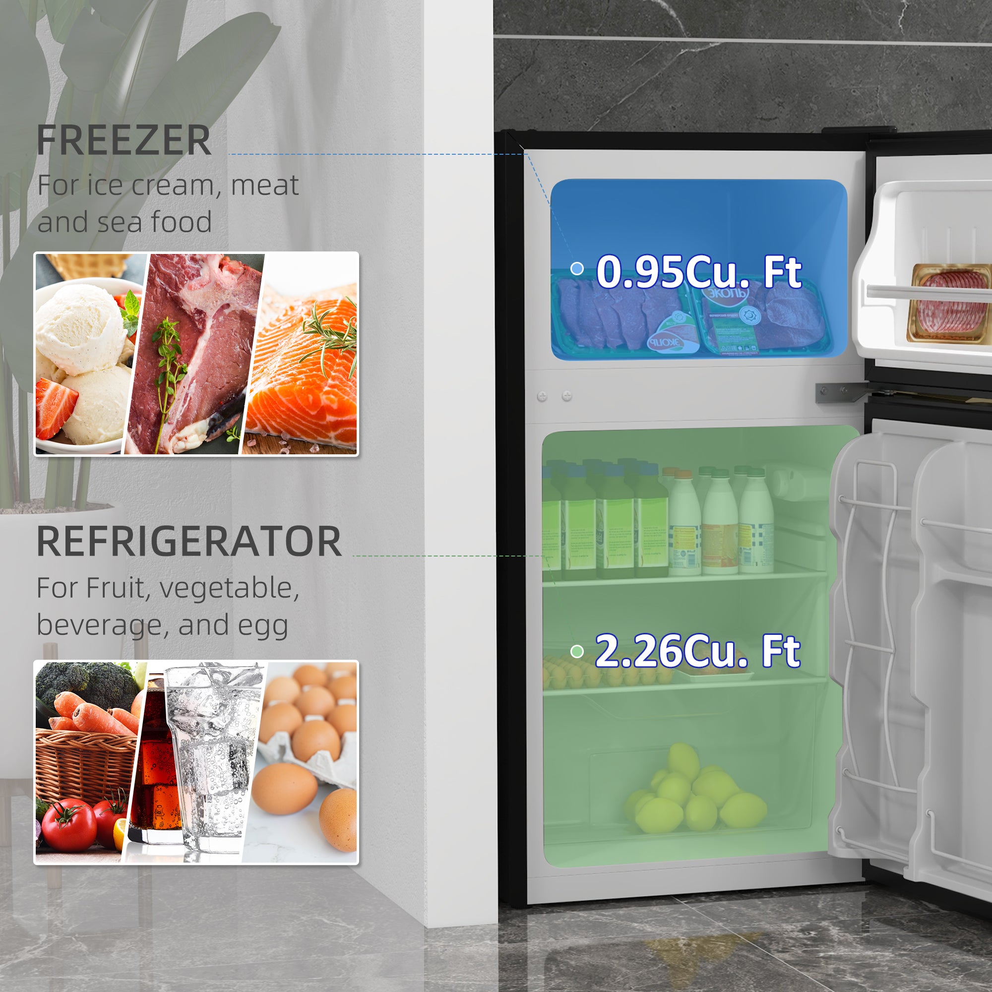 3.2 Cu Ft Compact Refrigerator, Mini Fridge with Freezer, Adjustable Shelves and Reversible Doors for Bedroom, Silver Small Kitchen Appliances at Gallery Canada