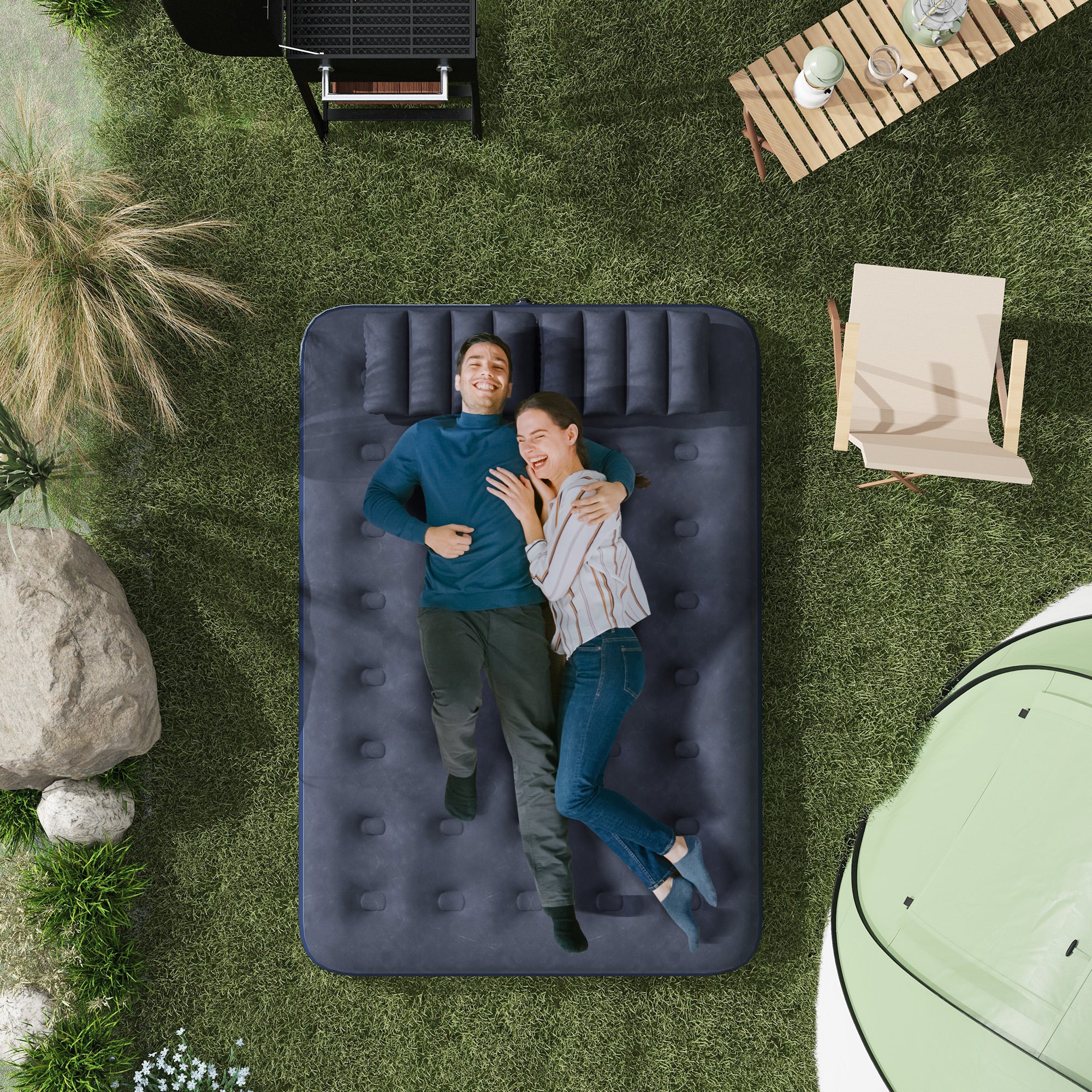 Twin Air Mattress, Inflatable Double Air Bed with 2 Pillows, Hand Pump, Flocked Surface for Guest, Camping, Travel, Blue Camping Cots at Gallery Canada