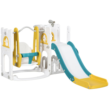 6-in-1 Slide and Swing Set Baby Swing Playset Indoor with Basketball Hoop, Climber, Storage Space, Telescope, Yellow Gym Sets & Swings   at Gallery Canada