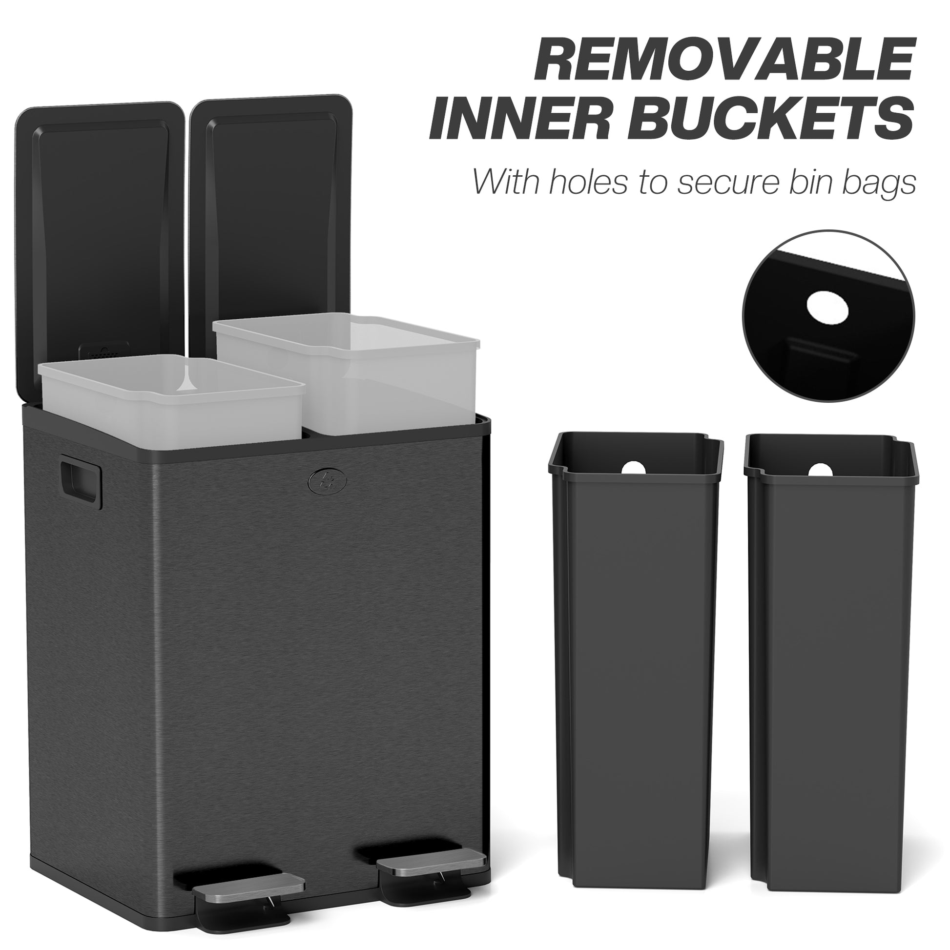 Dual Garbage Bin, Soft-Close Trash Can with Foot Pedal, 2 x 20 Liter Garbage Can with Removable Inner Buckets, Black Household Supplies at Gallery Canada