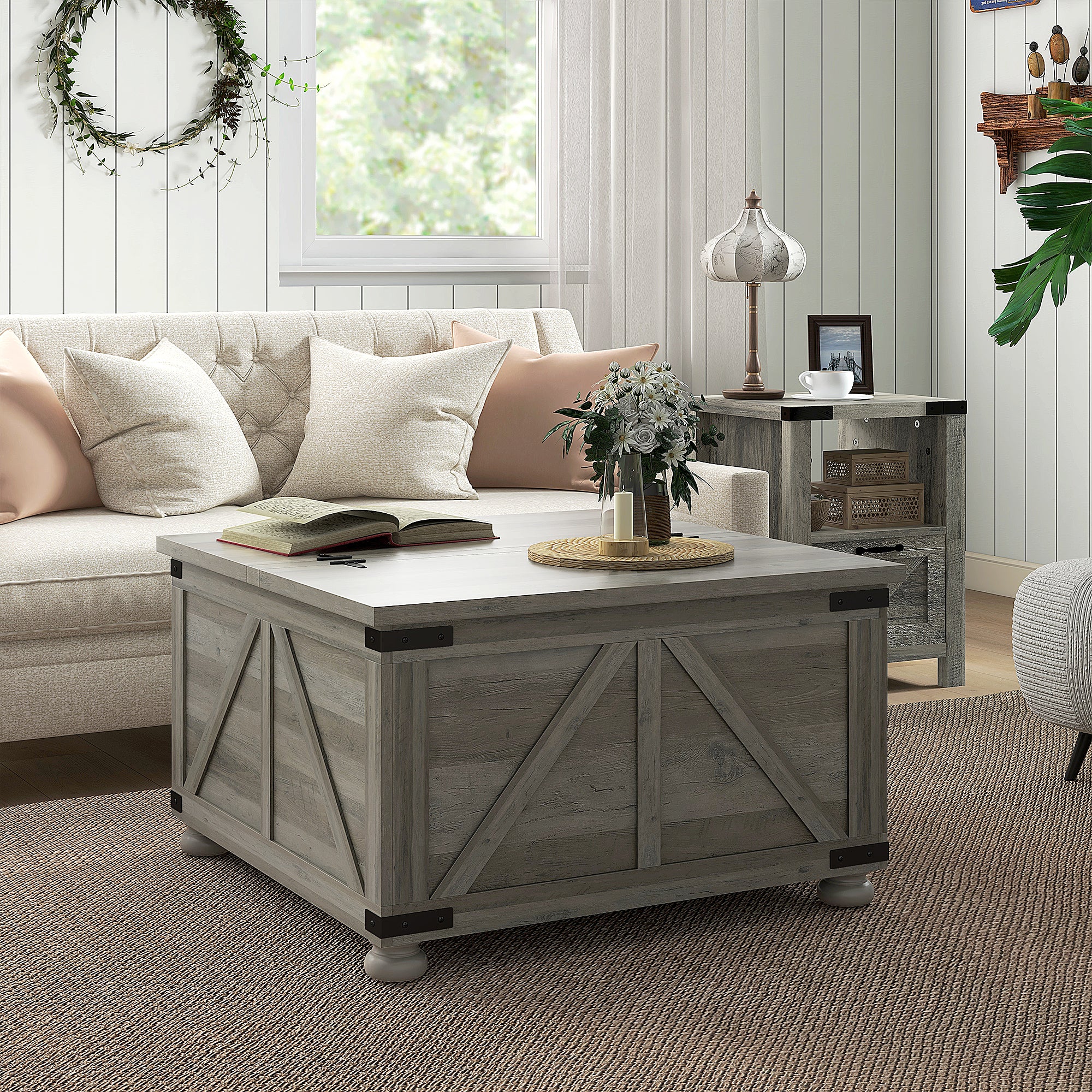 Farmhouse Coffee Table, Square Center Table with Flip-top Lids, Hidden Storage Compartment and Wooden Legs, Grey Coffee Tables Distressed Grey  at Gallery Canada