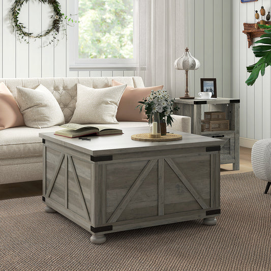 Farmhouse Coffee Table, Square Center Table with Flip-top Lids, Hidden Storage Compartment and Wooden Legs, Grey Coffee Tables   at Gallery Canada