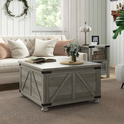 Farmhouse Coffee Table, Square Center Table with Flip-top Lids, Hidden Storage Compartment and Wooden Legs, Grey