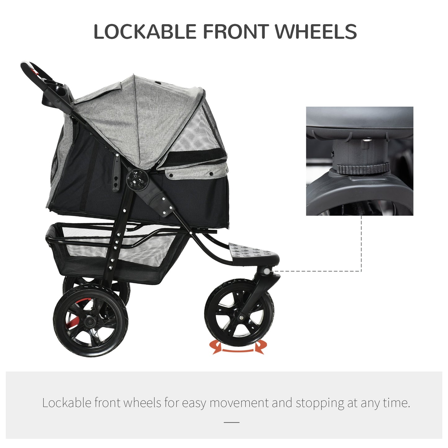 3 Wheel Folding Dog Stroller, Jogger Travel Carrier with Adjustable Canopy, Storage Brake, Mesh Window for S&;M Dogs Grey Dog Bike Trailers & Strollers   at Gallery Canada