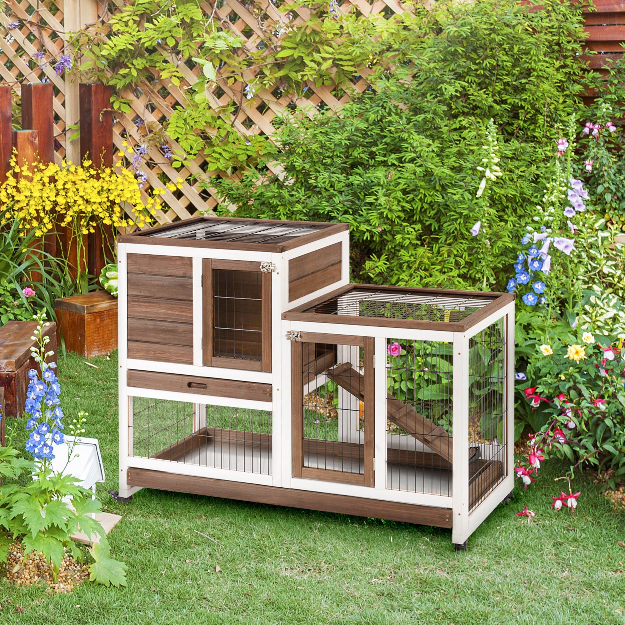 Rabbit Hutch Indoor Bunny Cage Guinea Pig House on Wheels with Run, Pull Out Trays, Brown and White Rabbit Hutch   at Gallery Canada