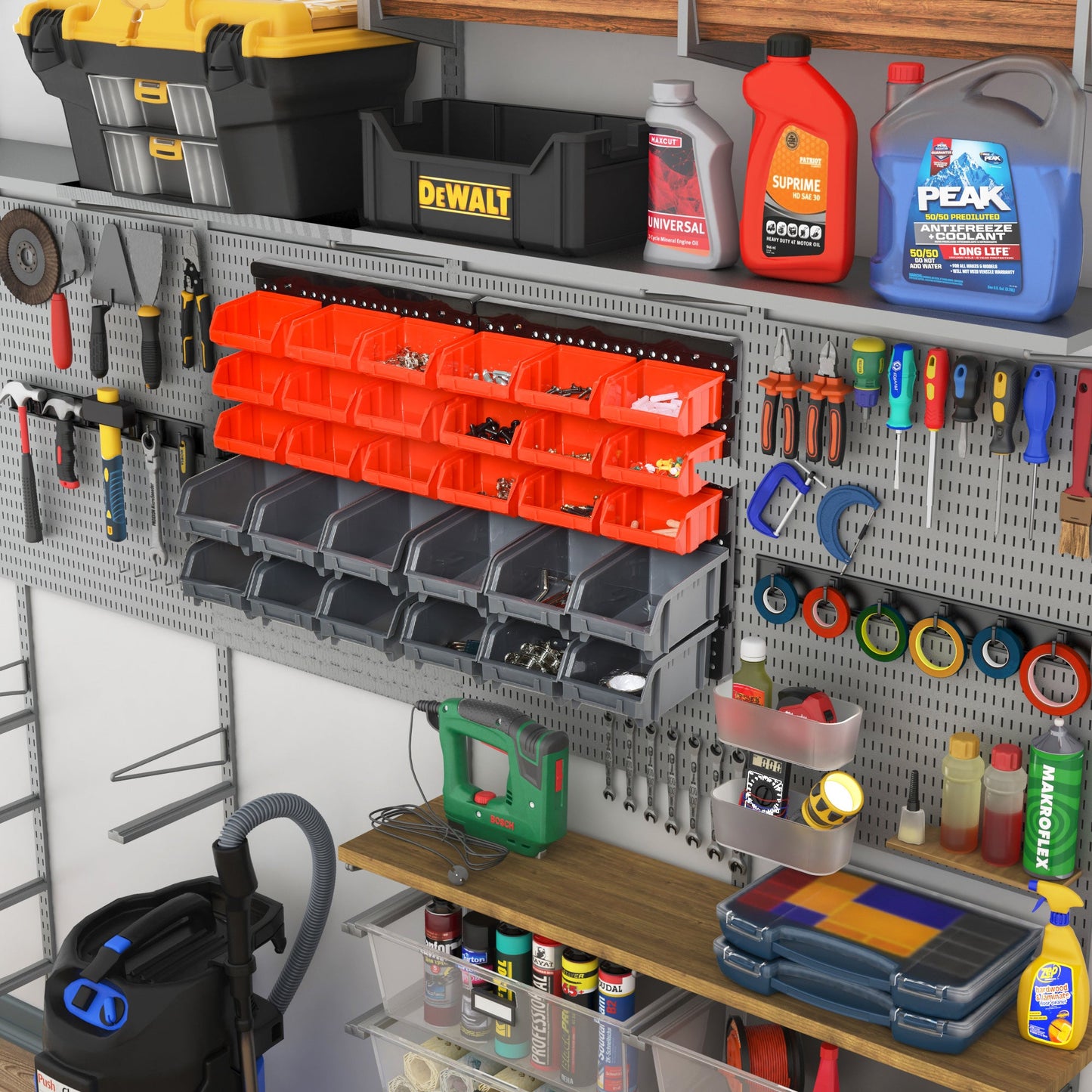 Wall Mounted Storage Bin Rack Tool Organizer with 30 Bins, Pegboard for Garage Workshops Red Tool Organizers   at Gallery Canada