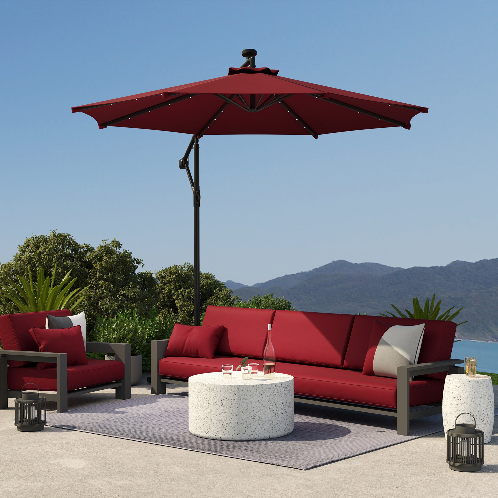 10ft Outdoor Cantilever Umbrella Banana Umbrella with Solar Lights and Adjustable Angle for Patio Backyard Wine Red Offset Cantilever Umbrellas at Gallery Canada