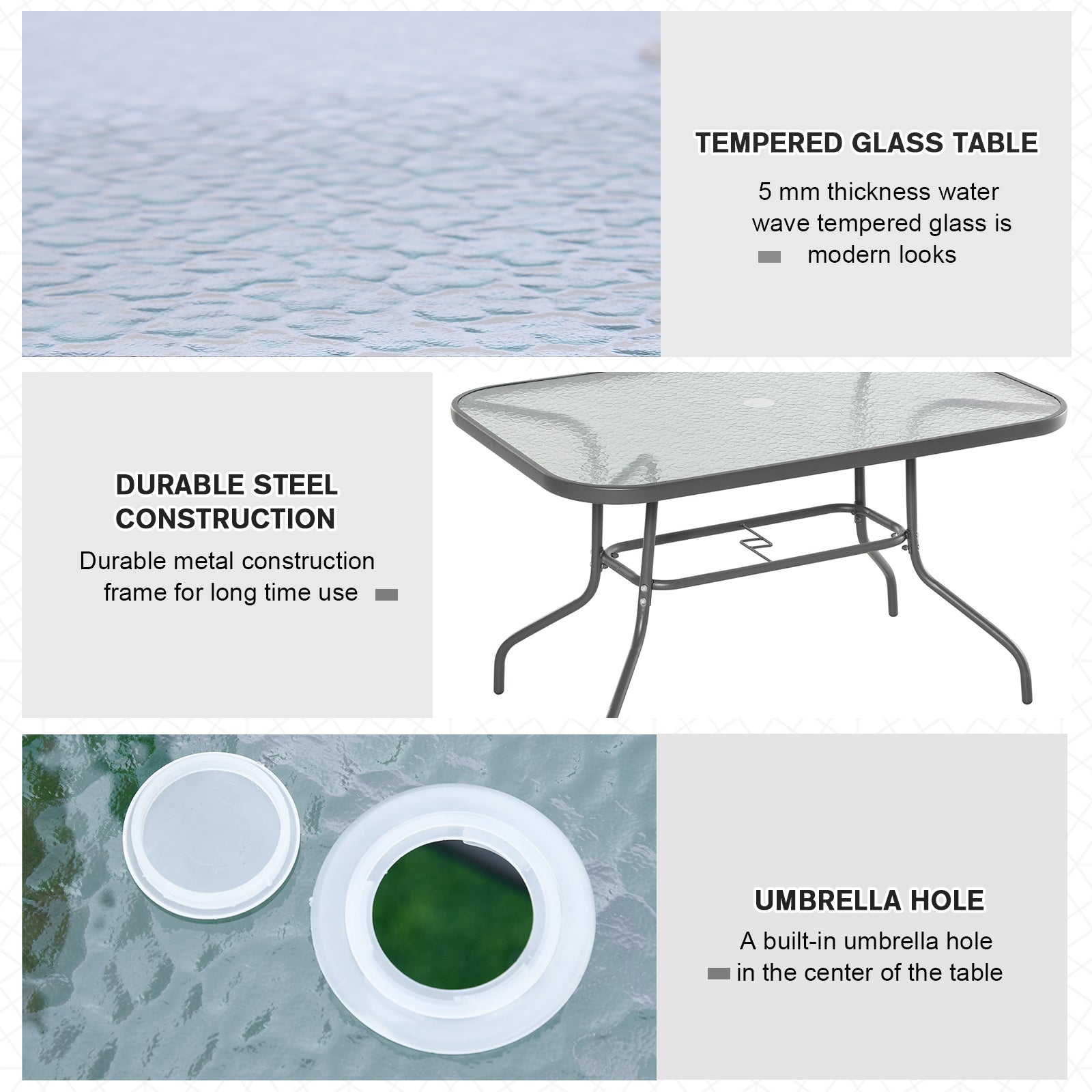 Metal Garden Dining Tables Outdoor Patio w/ Tempered Glass Top, Umbrella Hole, 47.25" x 31.5" Patio Dinning Tables   at Gallery Canada