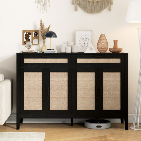 Kitchen Sideboard Cabinet, Boho Buffet Table with Decorative Rattan Doors and Drawers for Dining Room, Black Storage Cabinets   at Gallery Canada