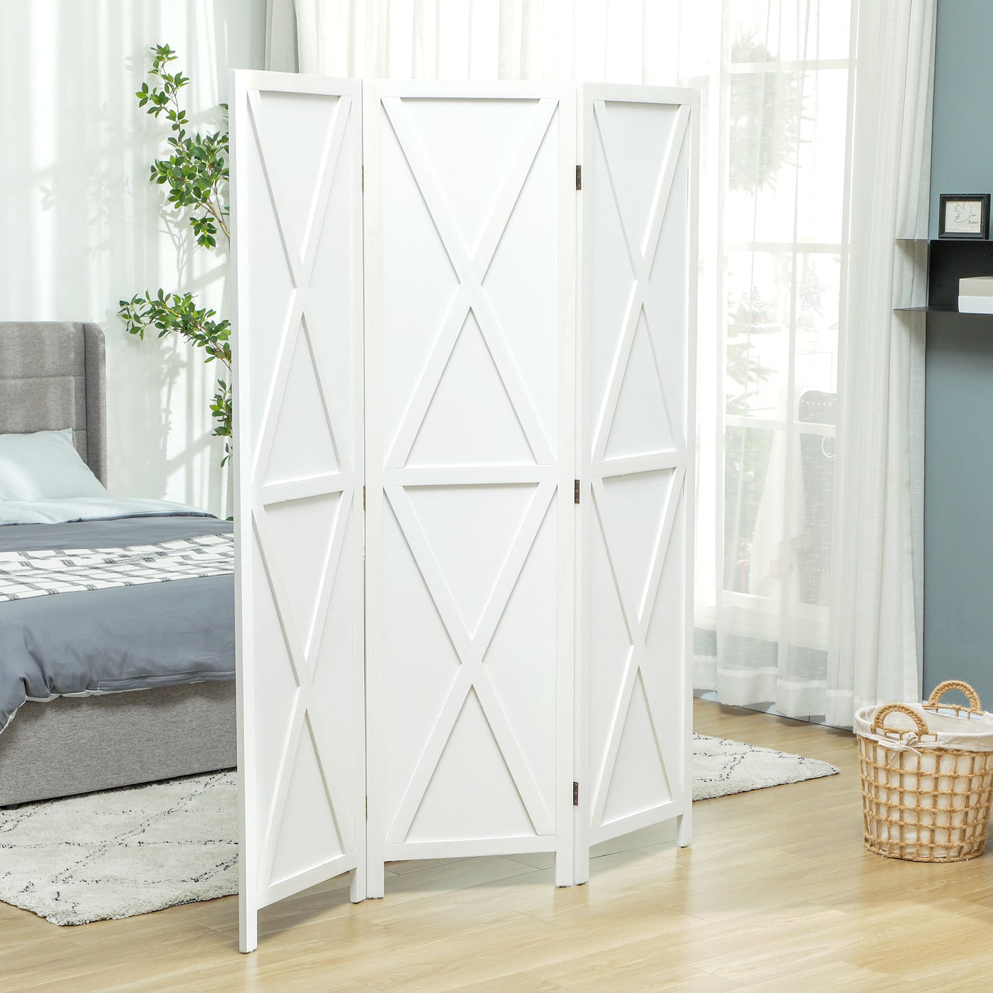 3-panel Wall Partition Farmhouse Room Separator with Foldable Design Wooden Frame 5.6FT, White Room Dividers at Gallery Canada