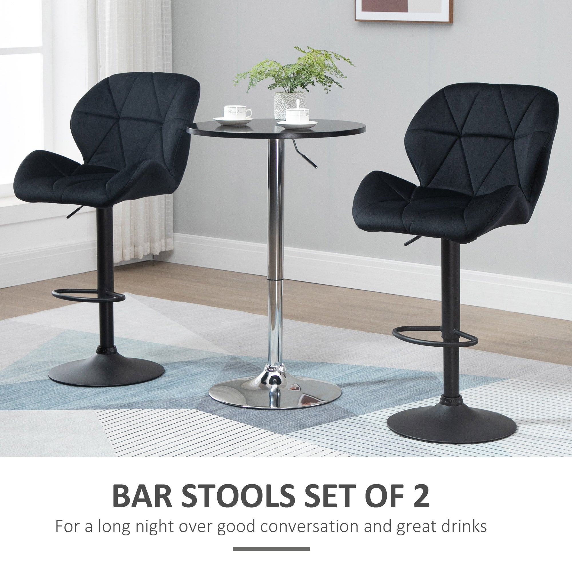 Bar Stool Set of 2 Fabric Adjustable Height Armless Upholstered Counter Chairs with Swivel Seat, Black Bar Stools   at Gallery Canada