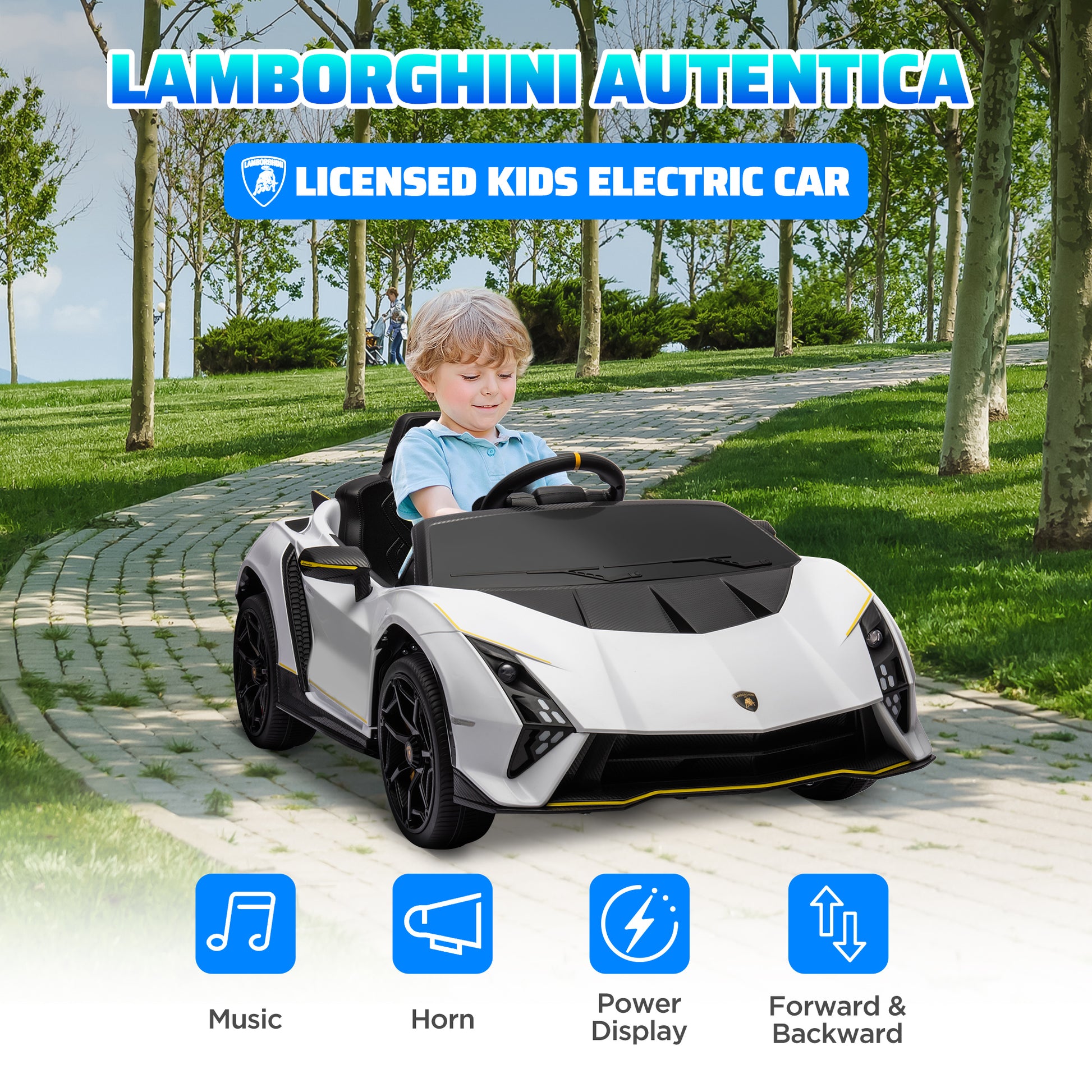 12V Lamborghini Autentica Licensed Kids Car with Remote Control, 4 Wheels Spring Suspension, Soft Start, White Electric Toy Cars   at Gallery Canada