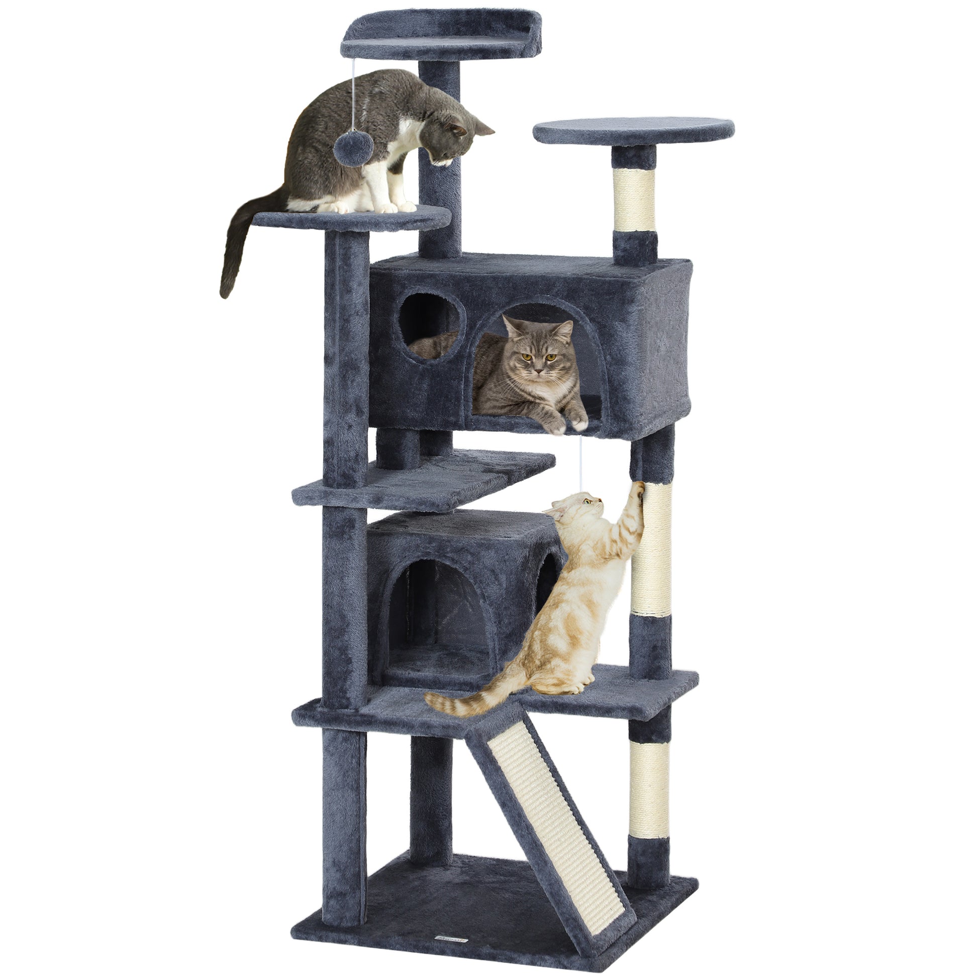 54" Cat Tree, Multi-Level Cat Tower with Scratching Posts, Cat Condos, Bed, Platforms, Ramp, Toy Ball, Dark Grey Cat Towers   at Gallery Canada