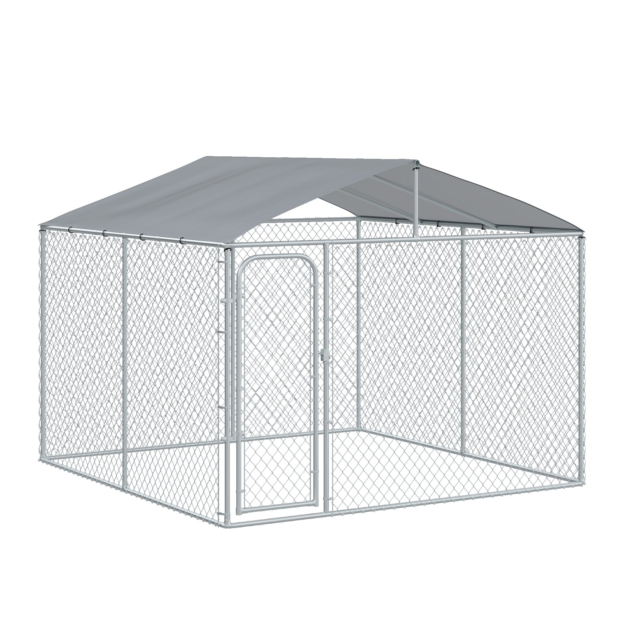 Dog Kennel Outdoor Run Fence with Roof, Steel Lock, Mesh Sidewalls for Backyard &; Patio, 9.8' x 9.8' x 7.7' Houses, Kennels & Pens Silver  at Gallery Canada