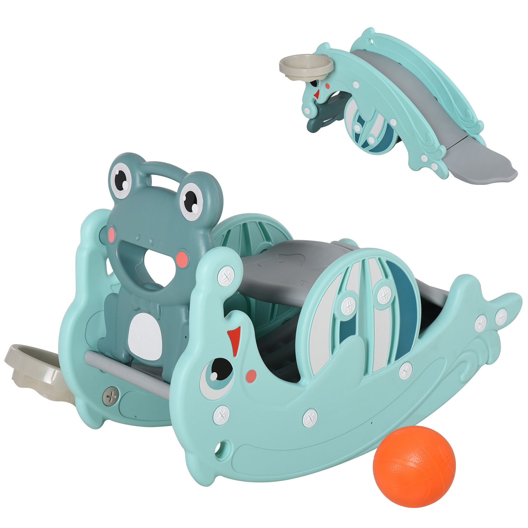 3-in-1 Kids Slide And Rocking Horse Dual-Use Children Activity Equipment Portable Slide Indoor Outdoor Playground Toy W/ Basketball Hoop Toddler Birthday Gift, Age 1.5-3, Green Rocking Horses Green at Gallery Canada