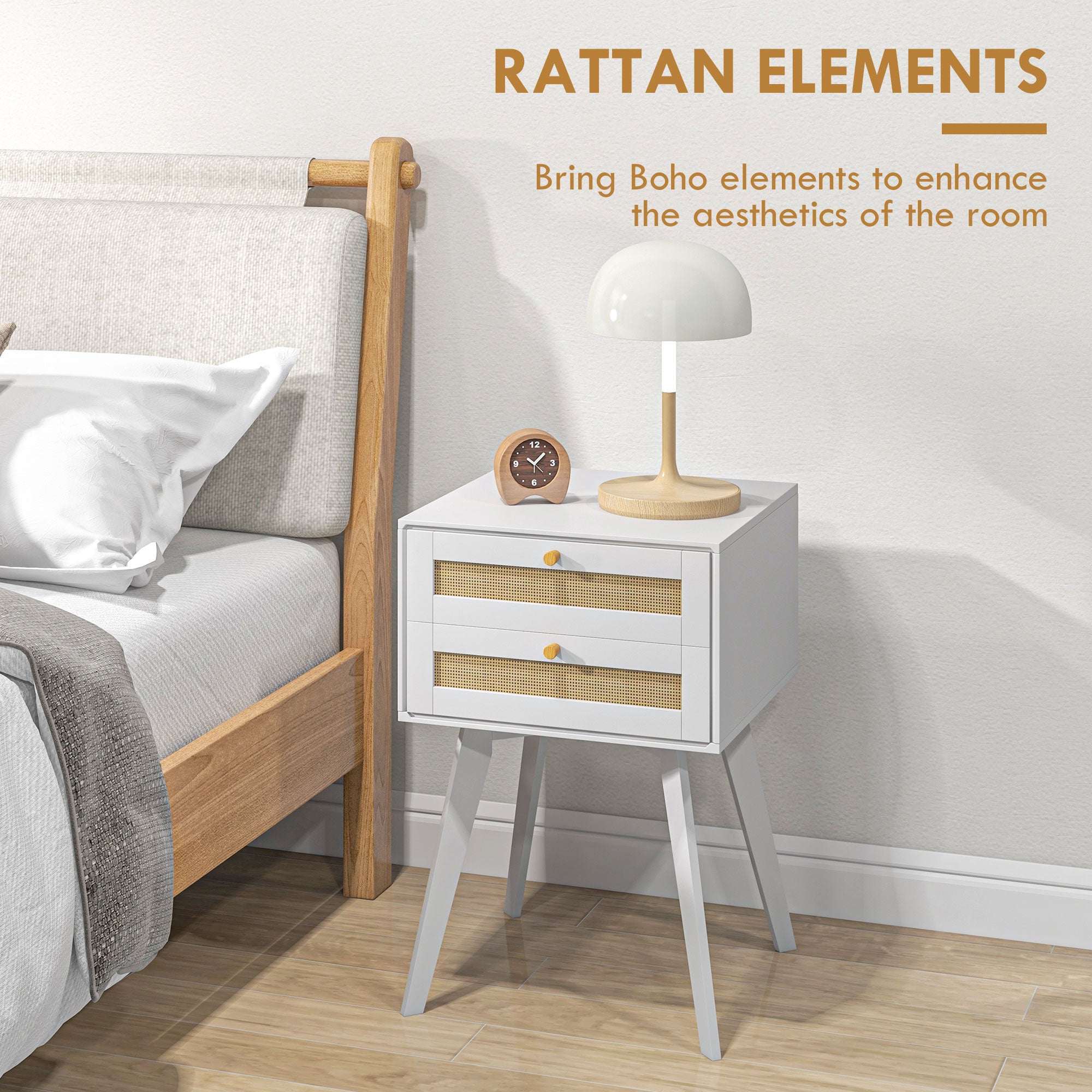 Boho Night Stands Set of 2, Bedside Tables with 2 Rattan Drawers, Square End Tables for Bedroom, Living Room Bedside Tables at Gallery Canada