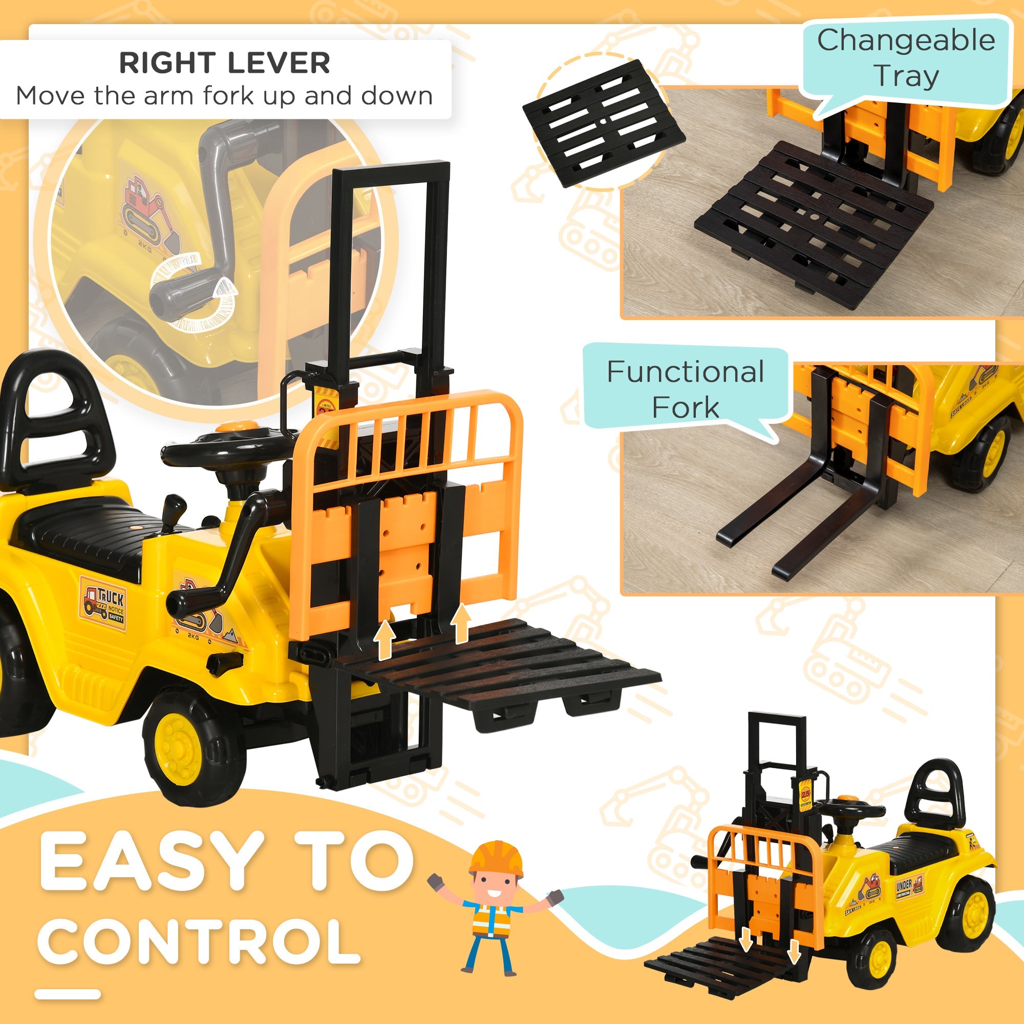 Ride On Forklift Toy No Power Construction Truck with Fork Tray Storage, for 3-4 Years Old, 33.9