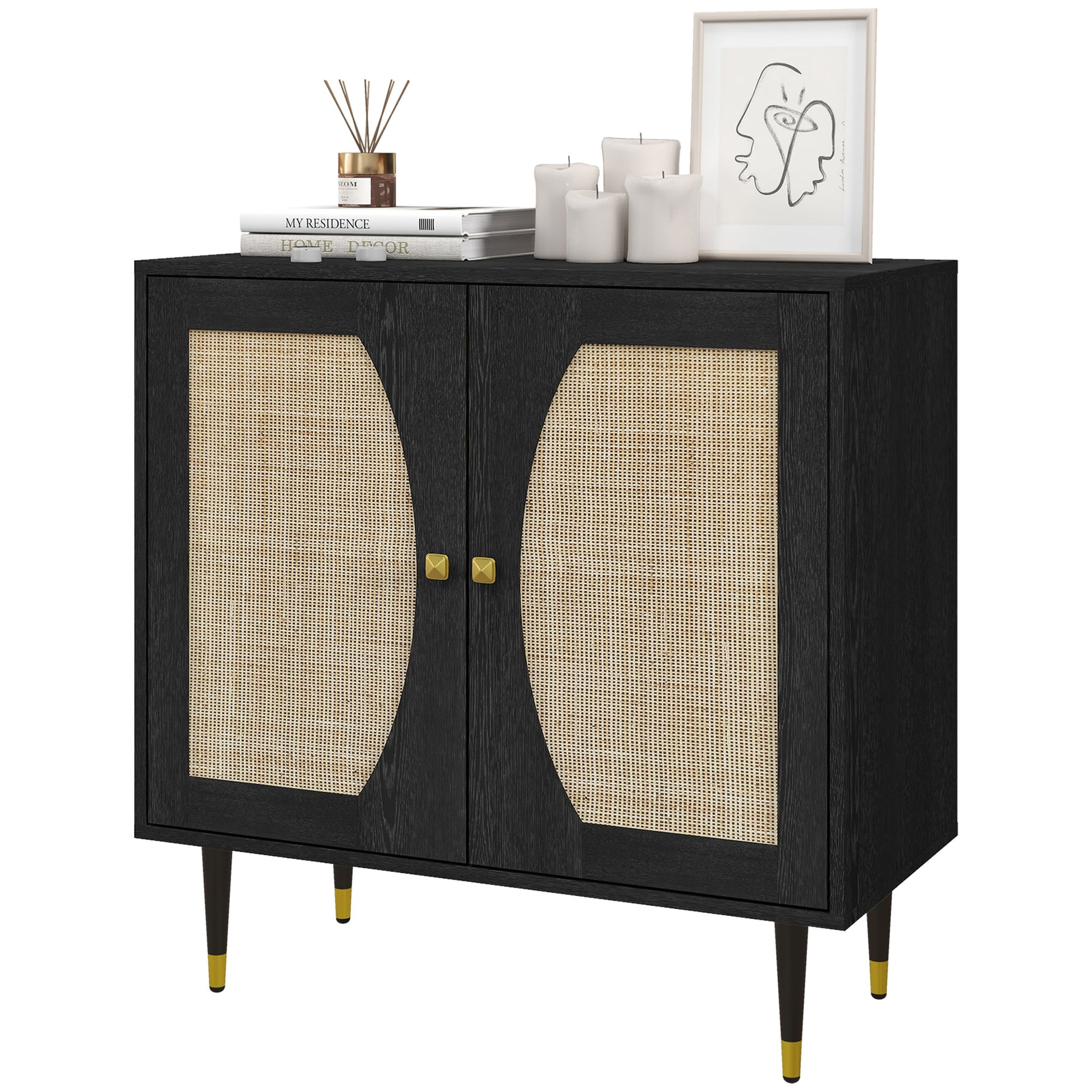 Boho Buffet Cabinet with Adjustable Shelf and Rattan Decorated Doors, TV Cabinet for TV up to 42 Inches, Black Kitchen Pantry Cabinets Multi Colour  at Gallery Canada