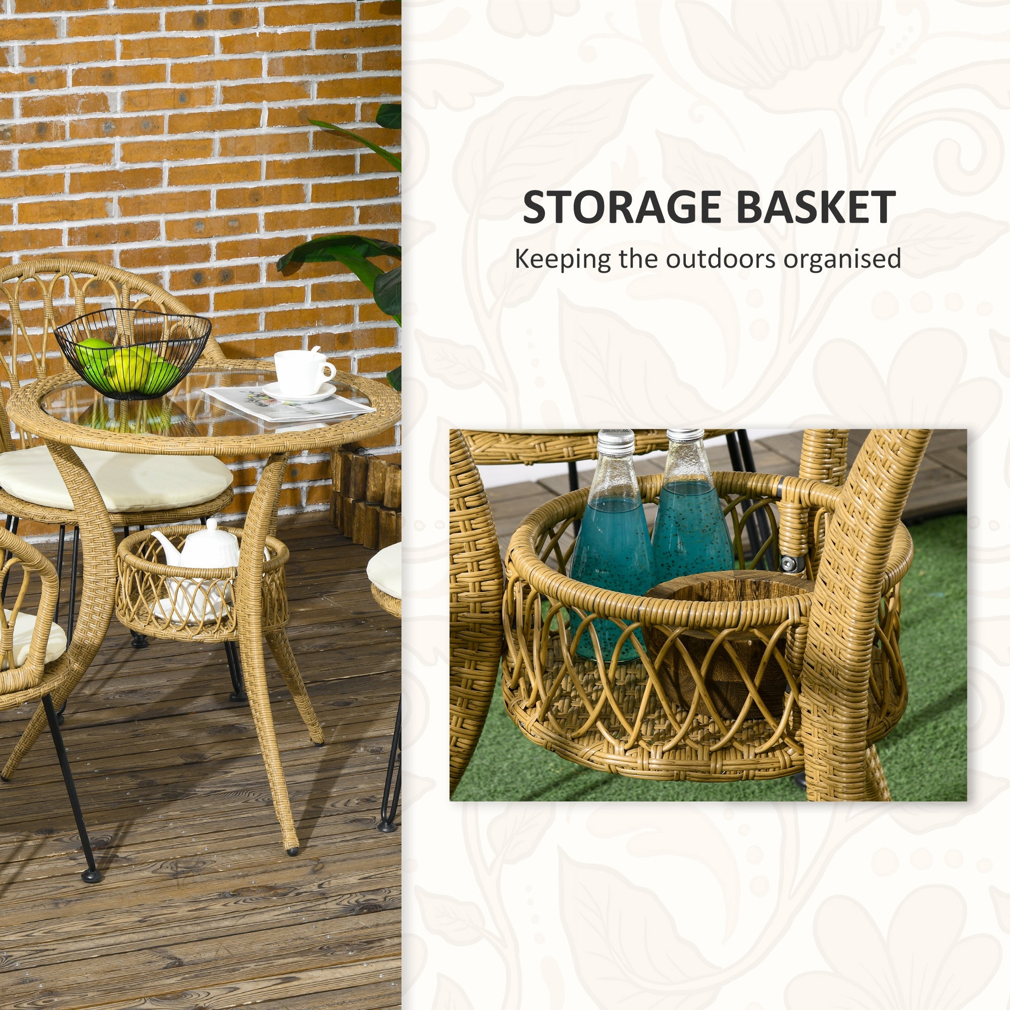 4 Pieces Rattan Dining Set with Storage Basket, Tempered Glass Table Top, for Garden, Backyard, Balcony, Light Brown Patio Furniture Sets   at Gallery Canada