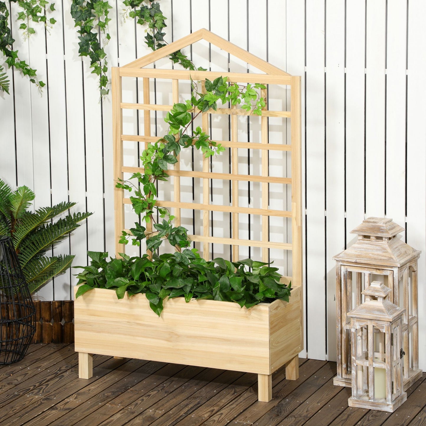 Distressed Wood Planter Box with Trellis, Raised Garden Bed for Outdoor Plants Flowers Herbs, Natural Wooden Planter Boxes   at Gallery Canada