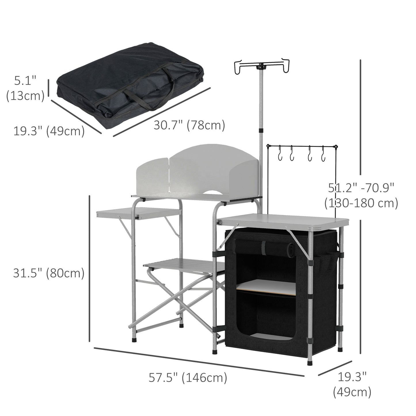 Camping Kitchen Table, Aluminum Folding Camping Table with Storage Organizer, Windshield, Light Stand, Bag, Silver - Gallery Canada